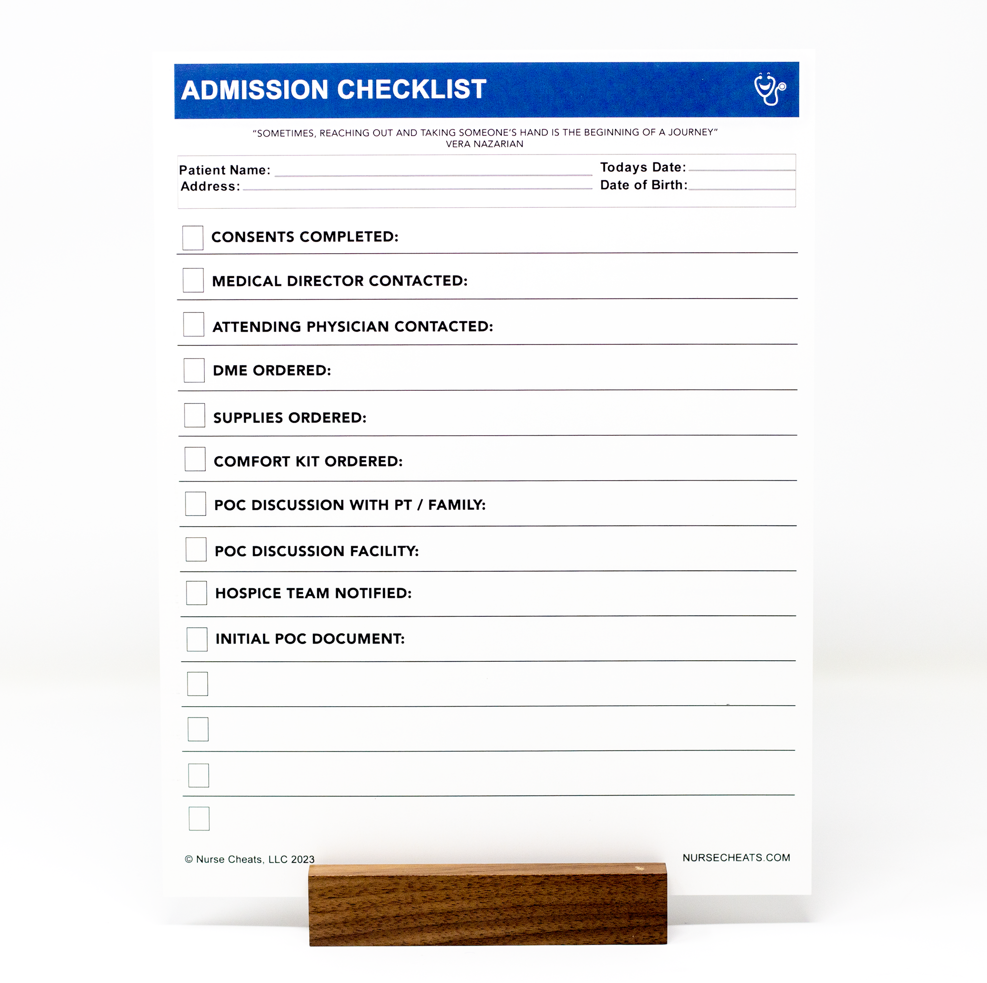 Our Ultimate Hospice resource bundle for hospice nurses includes an admission checklist on synthetic material for copying. Not recommended for automatic feeders.