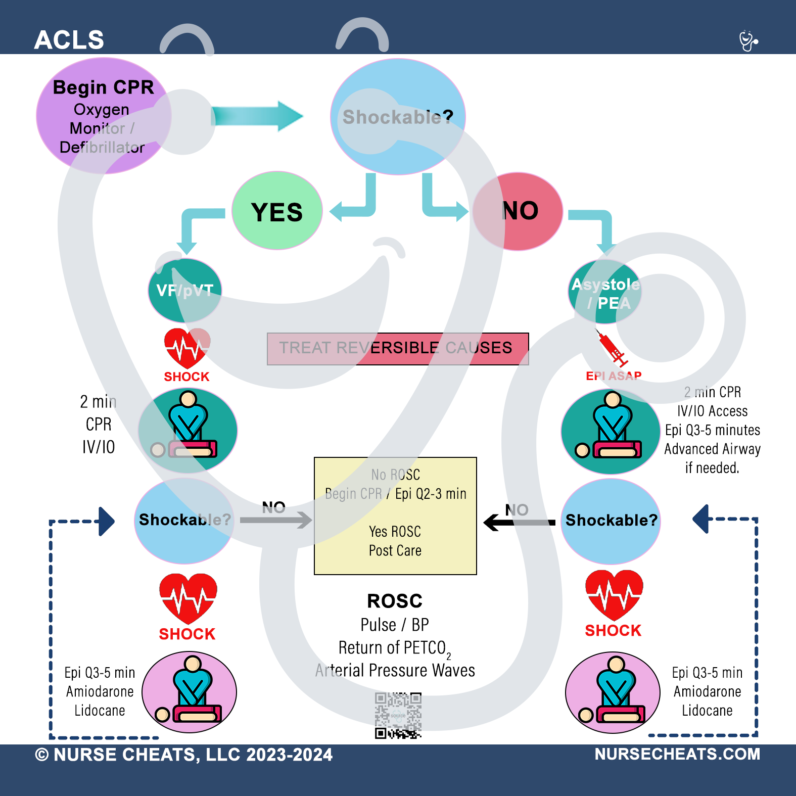This badge is the algorithm for ACLS (Advanced Cardiovascular Life Support). It also contains emergency medication doses, CPR (cardiopulmonary resuscitation) ratios, AED (<span data-mce-fragment="1">Automated external defibrillator</span>) operation instructions, and joule settings. This is a MUST-HAVE for nurses.