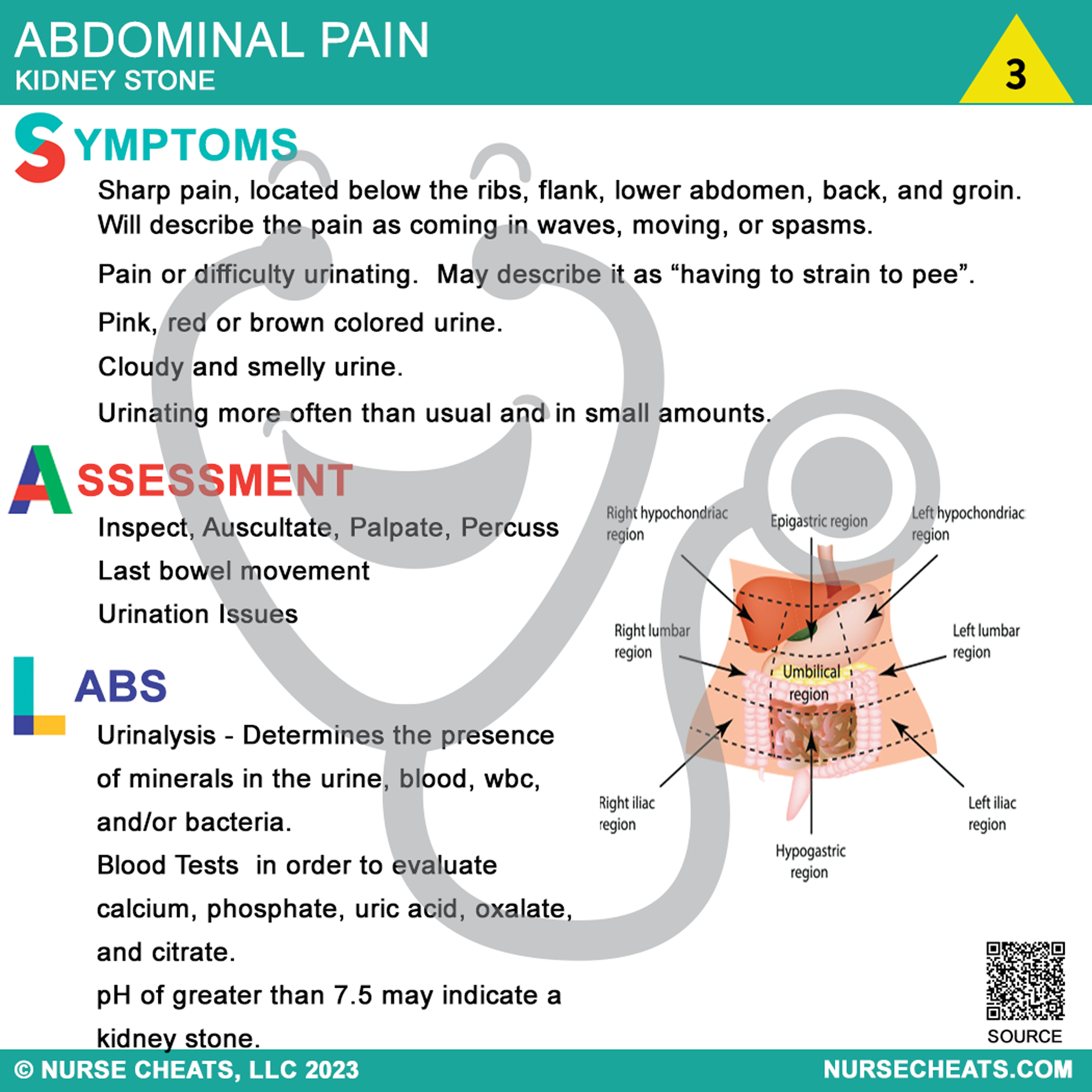 Side one of our kidney stone workup badge buddy contains symptoms, assessment and labs.