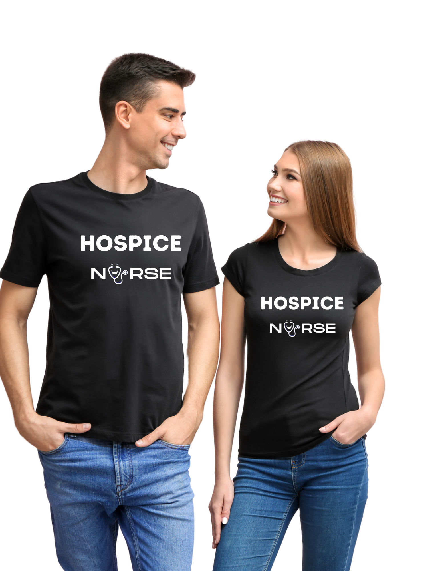 A man and women standing next to each other wearing black shirts that say Hospice Nurse on them. The U is replaced with the nurse cheats stethoscope logo
