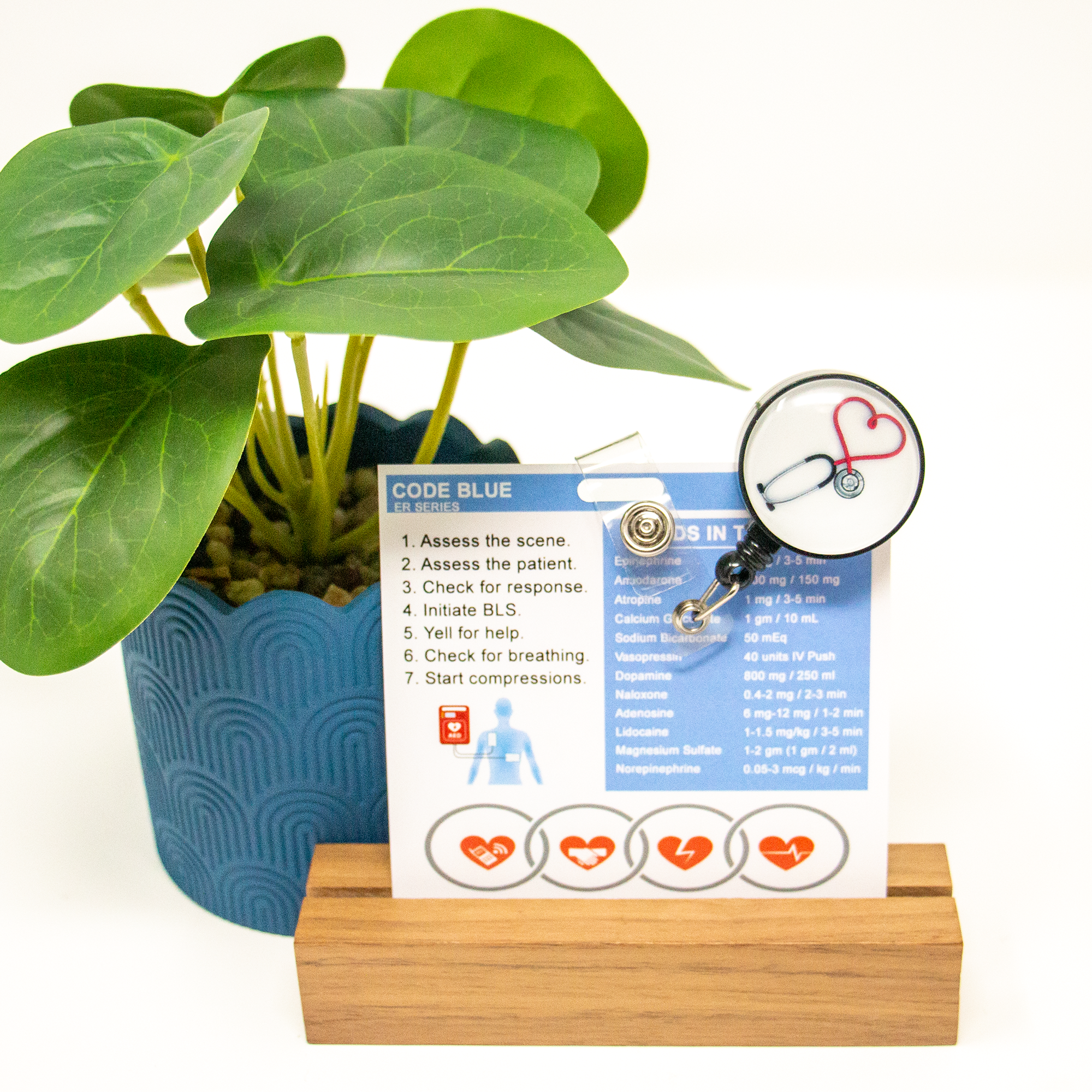 This badge contains information on running a code. It contains what to do in the first minutes, where to stand and job duties, medications in the cart, and AED joule information. Must have for critical care and inpatient nurses. This is an outdated version and on sale.