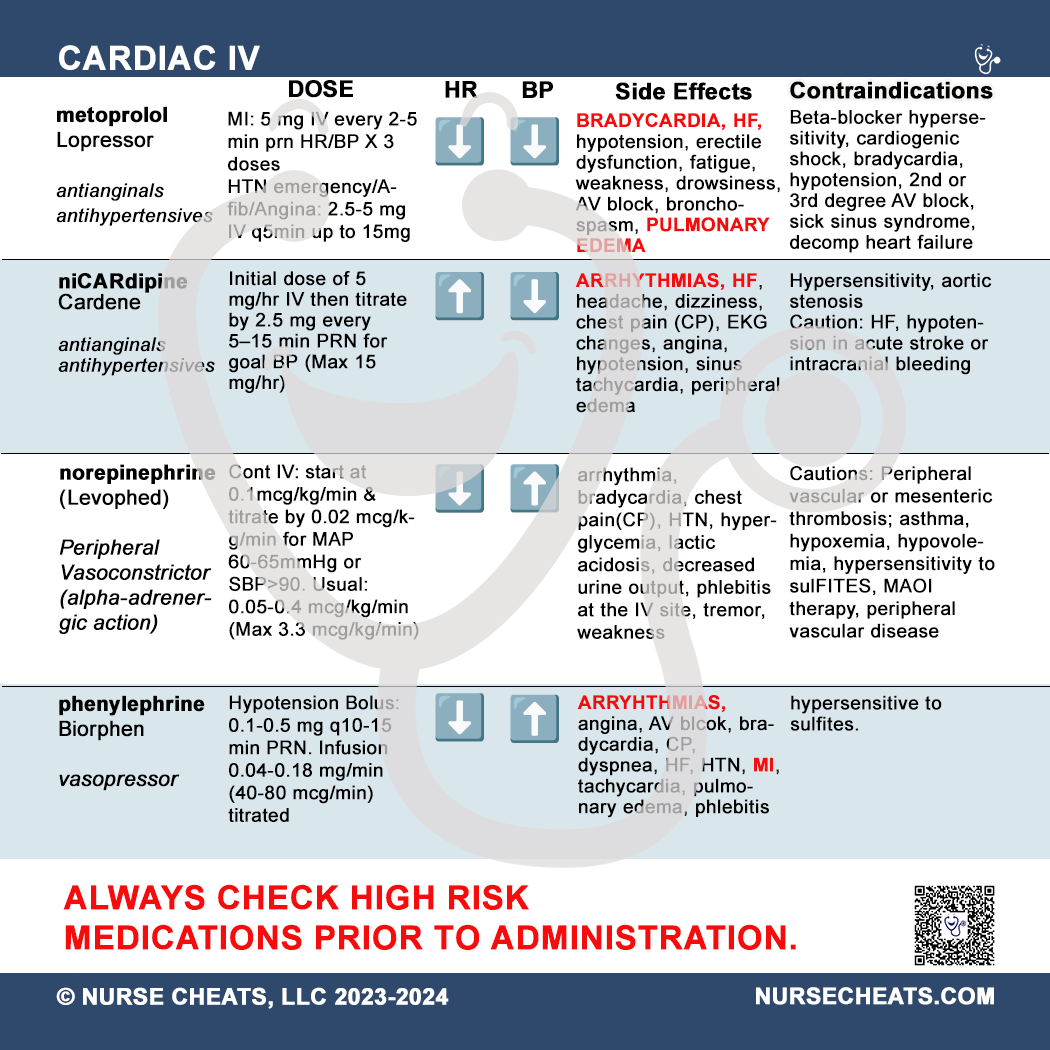Our cardiac drips badge contains popular cardiac drips used in inpatient care.  Perfect for critical care and telemetry nurses working inpatient in a hospital.