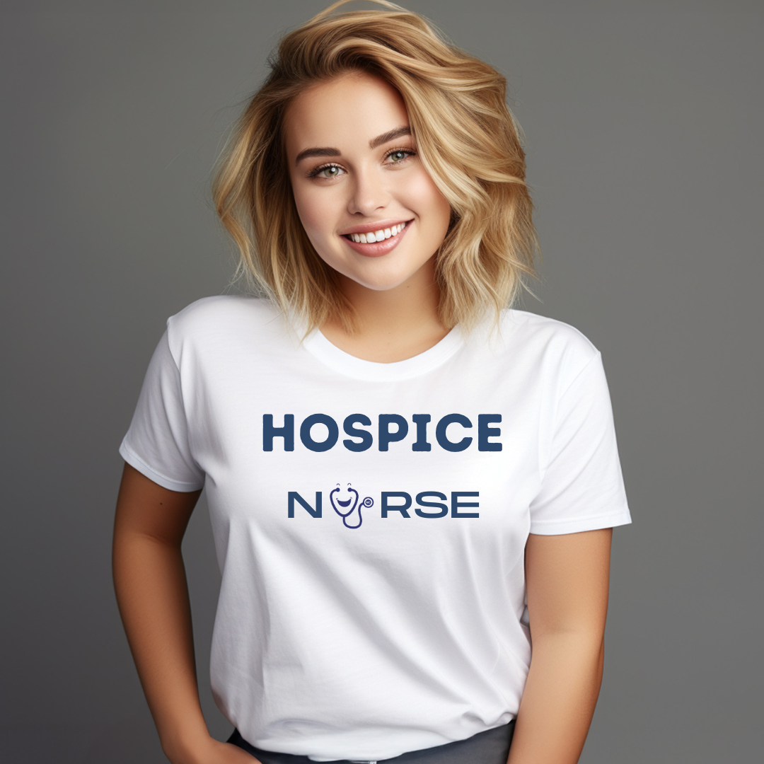 Lady in white shirt that says Hospice Nurse. The U in nurse is replaced with a stethoscope logo from Nurse Cheats