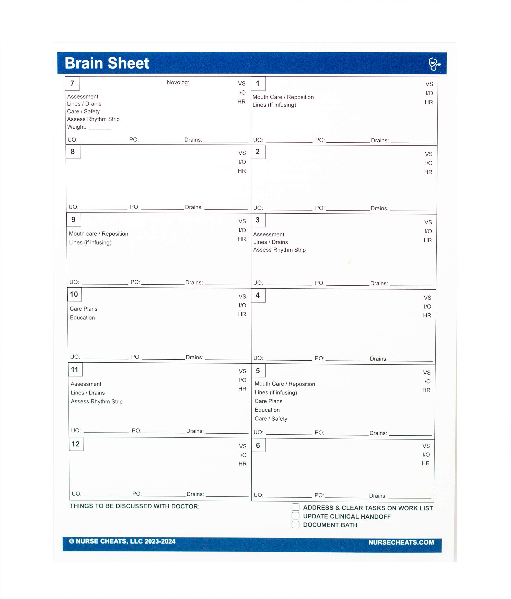 This 2-page detailed form designed by an ICU nurse contains a system assessment on the front including labs and lines. On the back is hourly updates. Can be used for multiple days. See our video below on how best to use our ICU Brain Sheet 