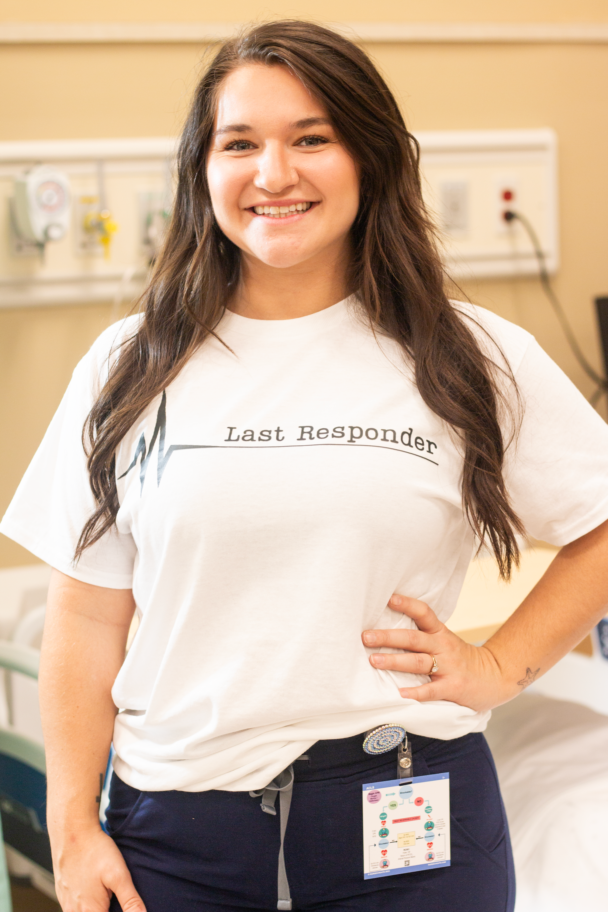 Our Last Responder T-Shirt for Hopsice Nurses is a great t-shirt with a logo on the front. It's simple design makes a powerful statement. It is a dry blend t-shirt with short sleeves. It is available in black, white and blue.
