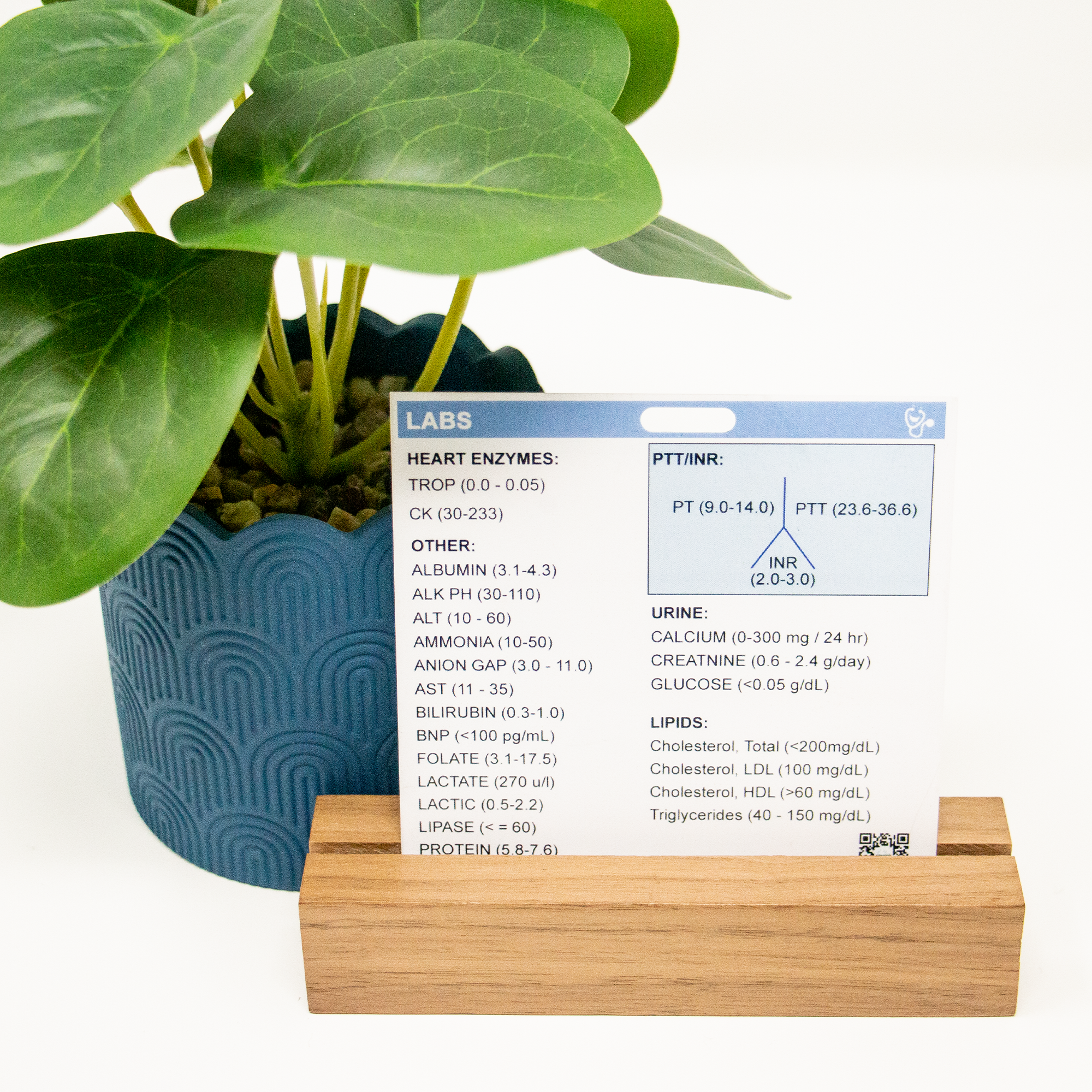 Side two of our lab values badge buddy contain heart enzymes, PT/INR , Lipids, urine and other labs collected through the course of being a professional nurse.