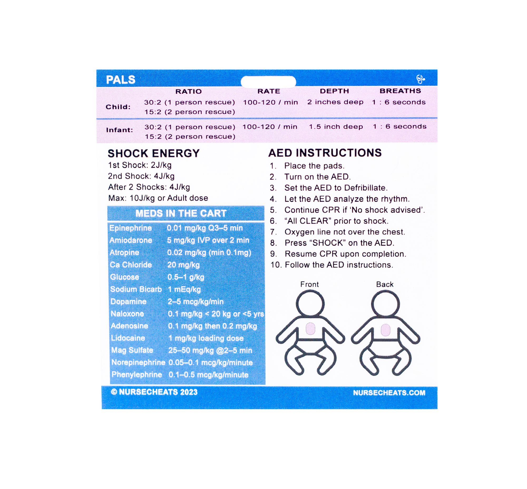 Our PALS algorithm badge has the information you need for a pediatric code. On the front is the algorithm. On the back are meds, joules, AED instructions, pad placement, and CPR.