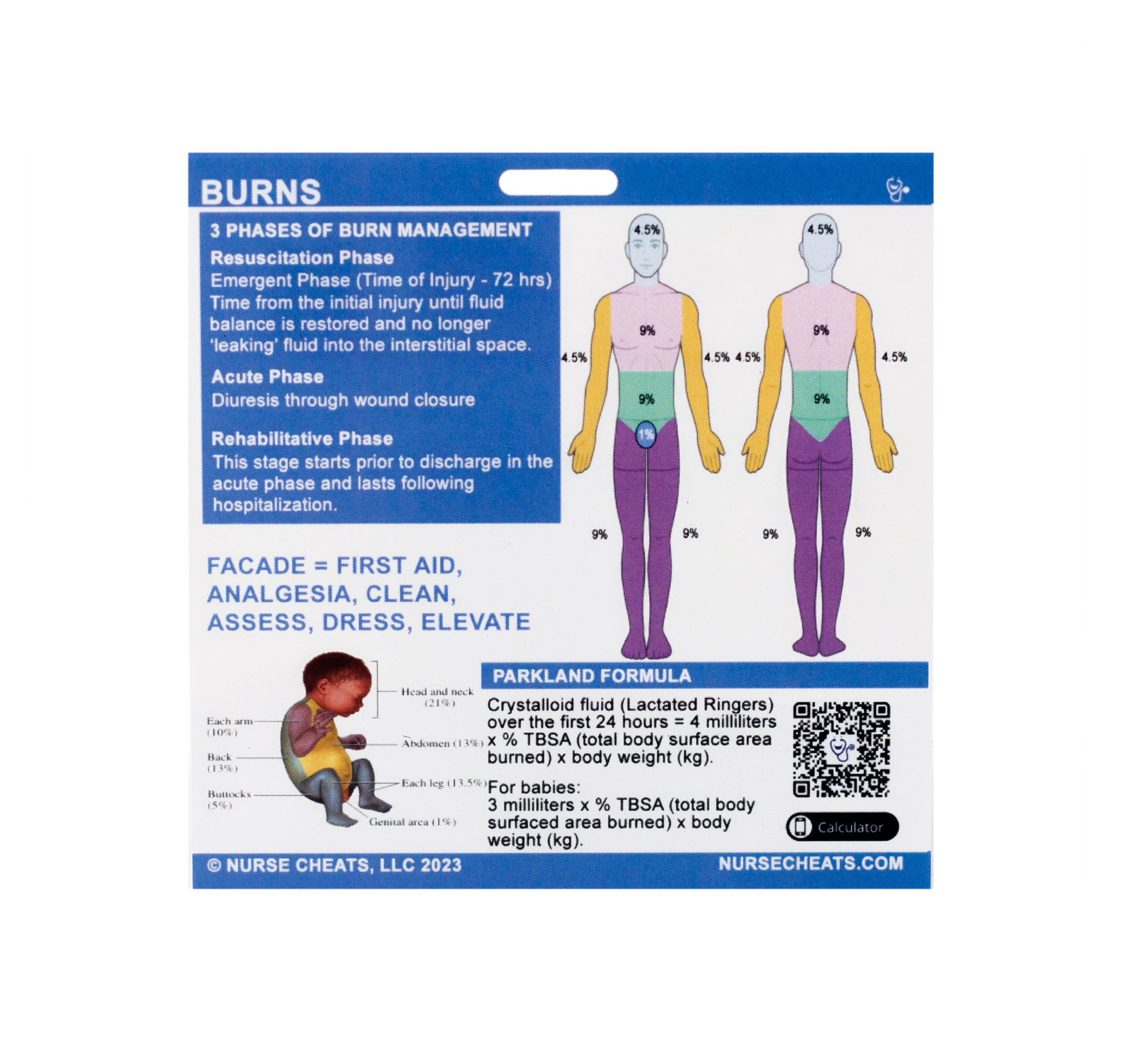 Side 2 of our Burn Badge for inpatient nurses contains the Parkland Formula for adults and infants as well as the phases of burn management and the pneumonic for dressing changes.