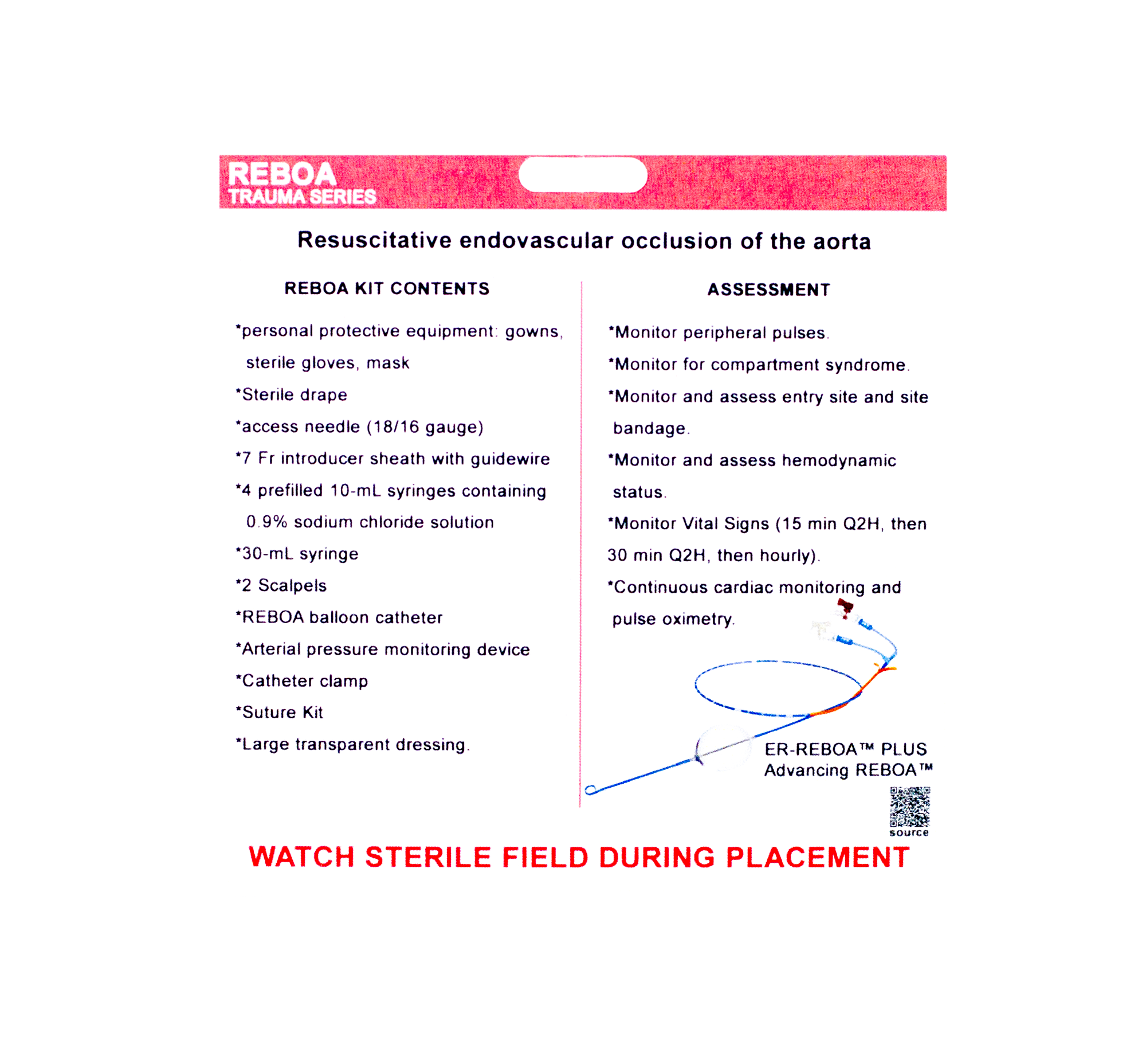 Side two of our REBOA badge buddy contains kit contents (may vary) and Assessments for Nurses