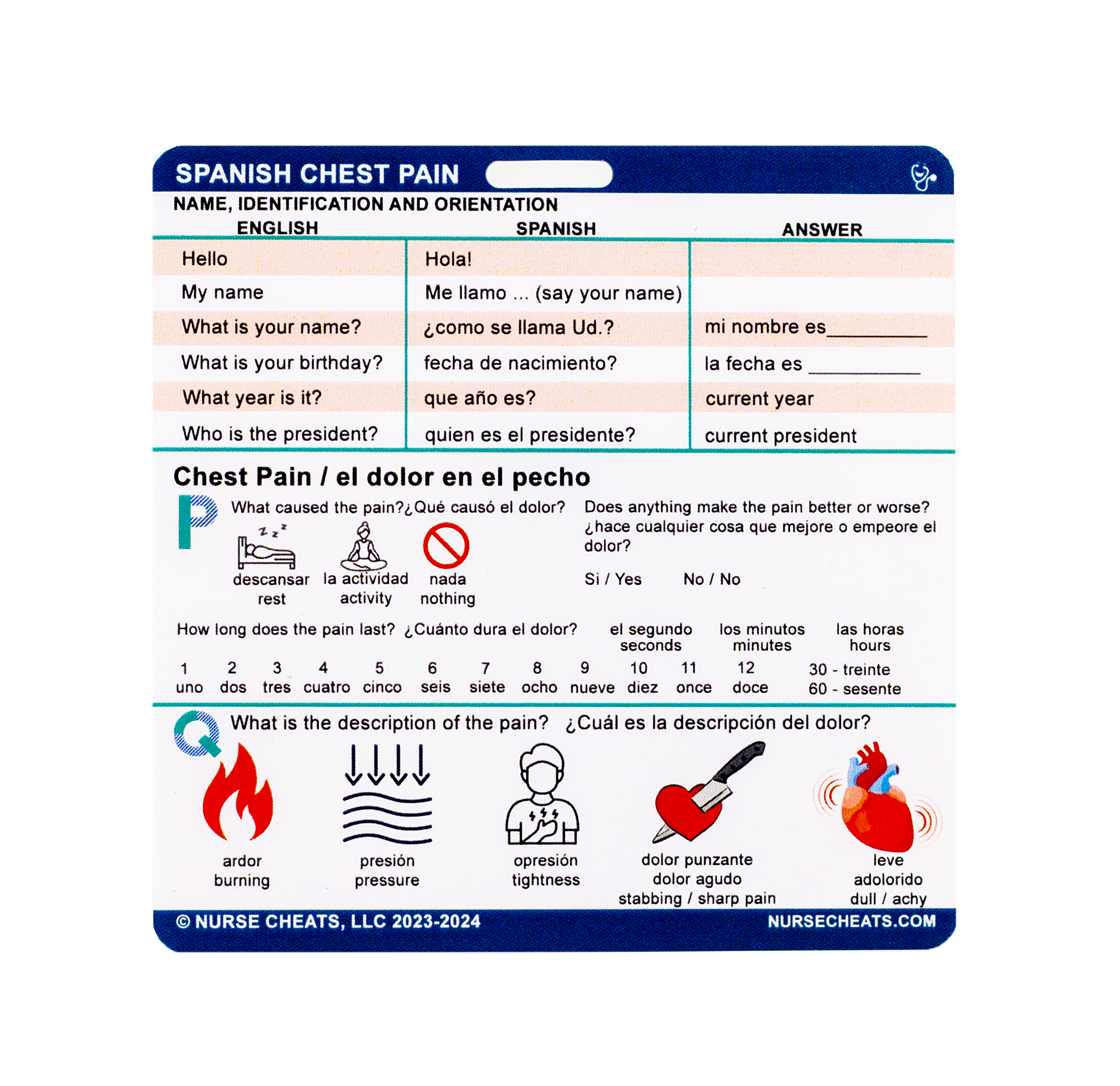 Our second in our medical Spanish series covers a chest pain assessment using the PQRST assessment strategy. Do not get caught without an interpreter when you need it. This badge is perfect for all nurses with a large Spanish population.