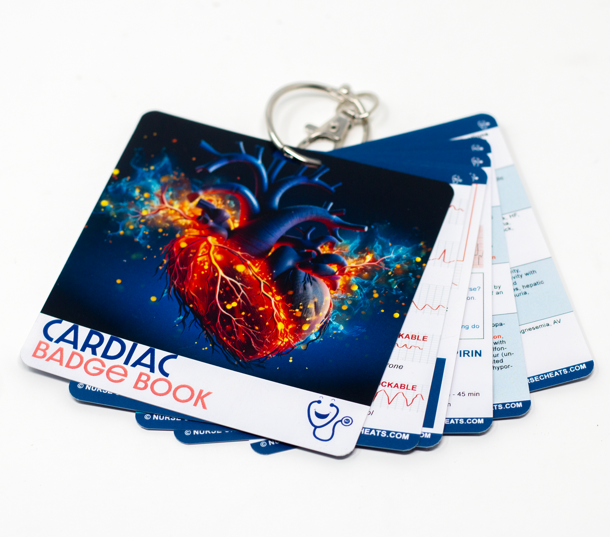 The standard edition of our cardiac badge book contains EKG tips, EKG Rhythms, Bradycardia, Tachycardia, MI, Levophed, and Cardiac Drips. (Our drips section has been confirmed by a board-certified Pharmacist.). 