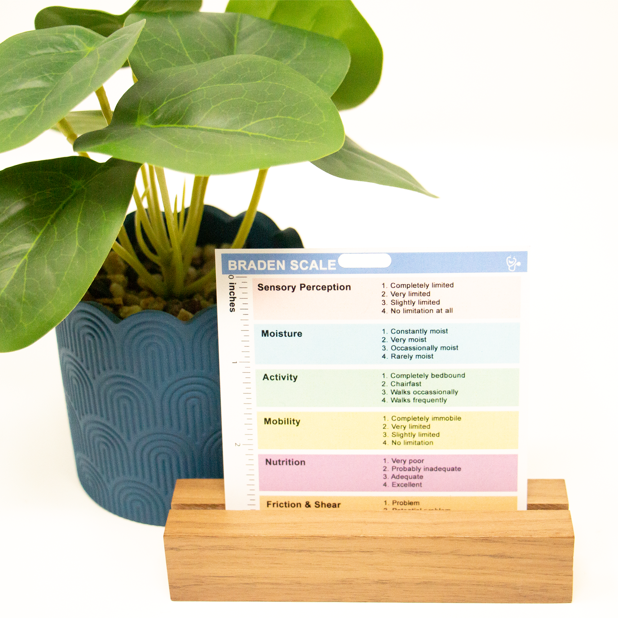 Side one of our Wound Care badge buddy contains the Braden scale which is useful in measuring risk for pressure wounds.