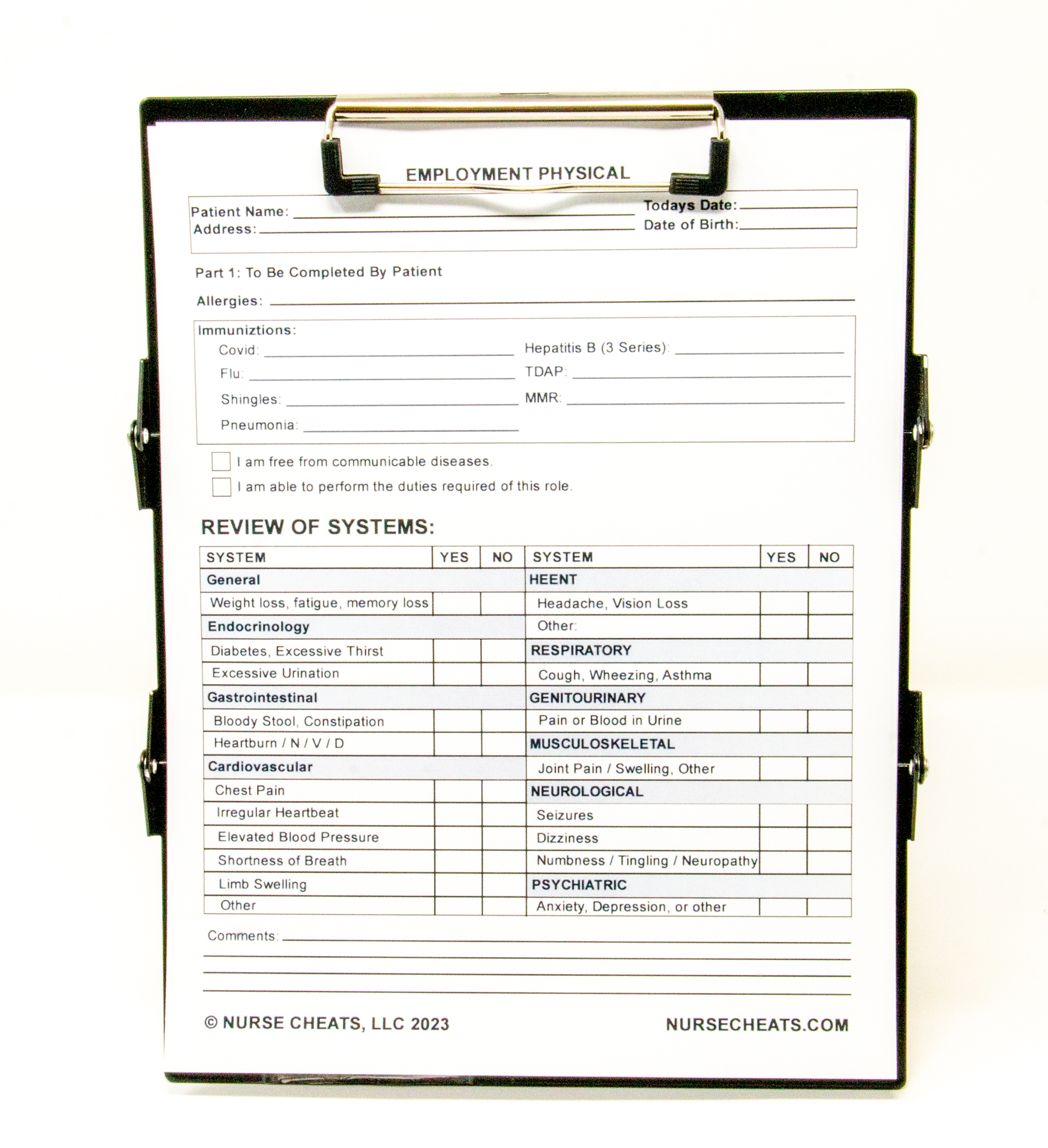 Our employment physical is perfect for nursing students and nurses. It contains all the needed criteria including immunizations, systems, medications, and more. Download and go.