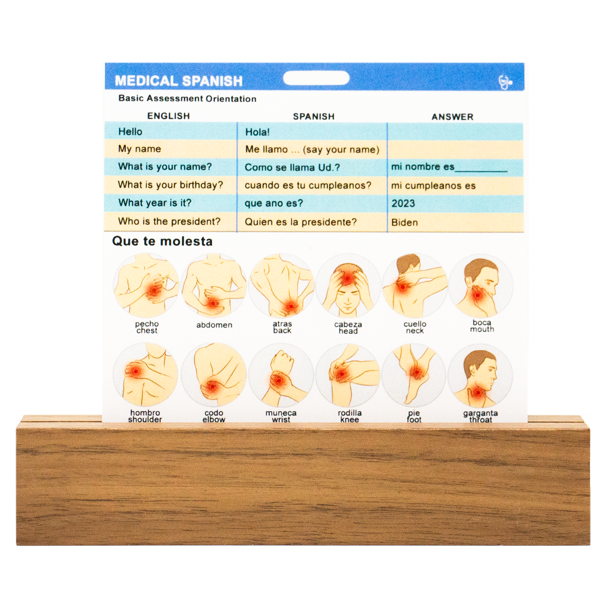 Side 1 of our medical Spanish badge buddy contains an Orientation Assessment and Problem area with pictures.