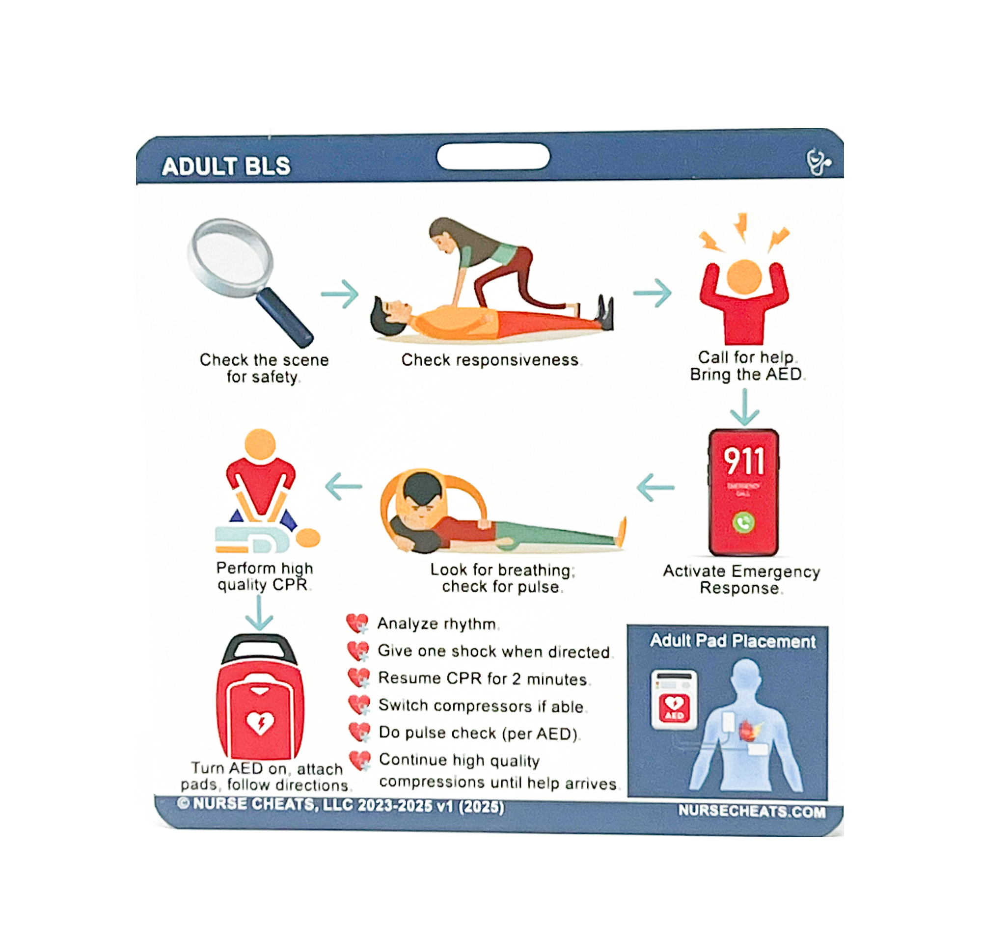 Image of a NurseCheats.com BLS Badge Buddy featuring key algorithms and steps for adult and pediatric CPR, choking management, and potentially vital signs. This card is designed for easy access during emergency situations.