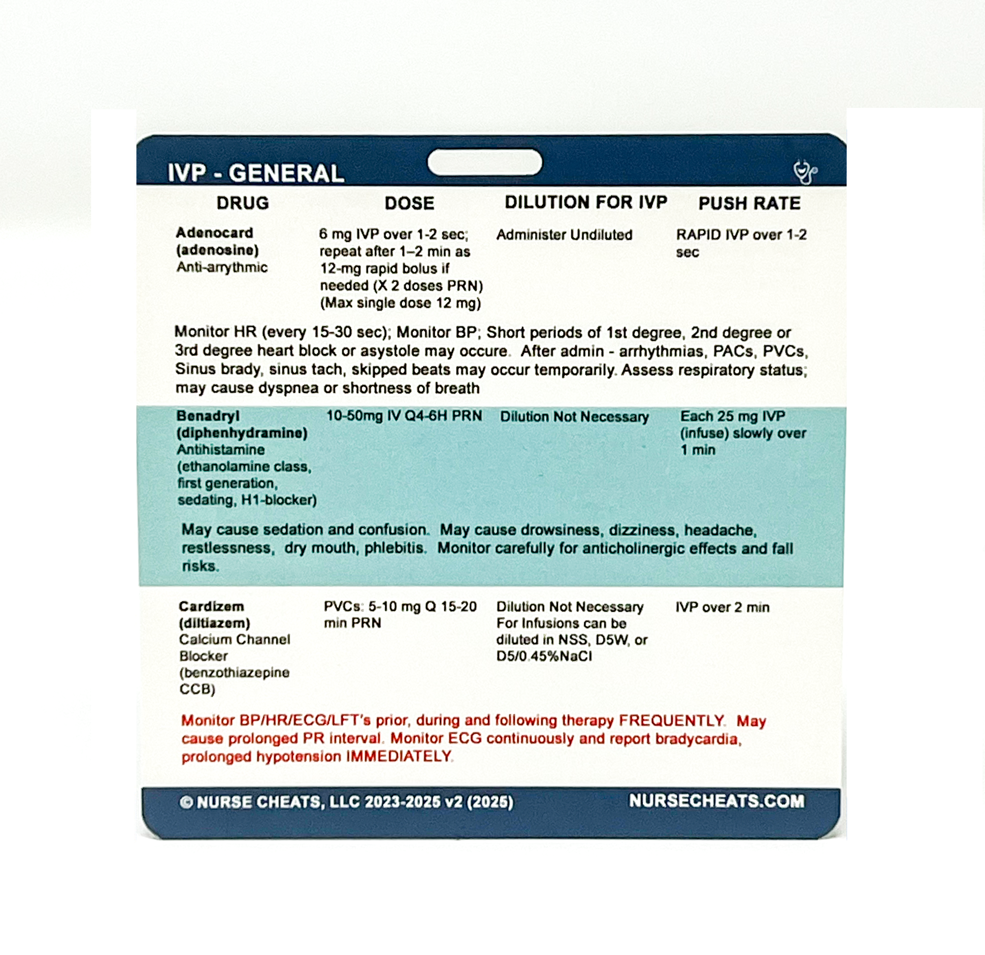 A close-up of a double-sided badge buddy card titled "Nurse Cheats IV Push" designed for nursing students. It likely contains condensed information about intravenous push medications for quick reference during clinicals.