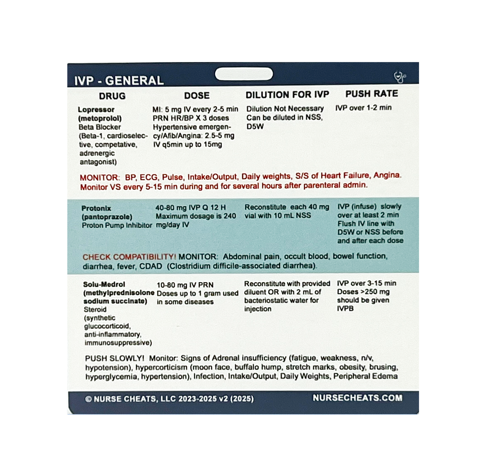 A close-up of a double-sided badge buddy card titled "Nurse Cheats IV Push" designed for nursing students. It likely contains condensed information about intravenous push medications for quick reference during clinicals.