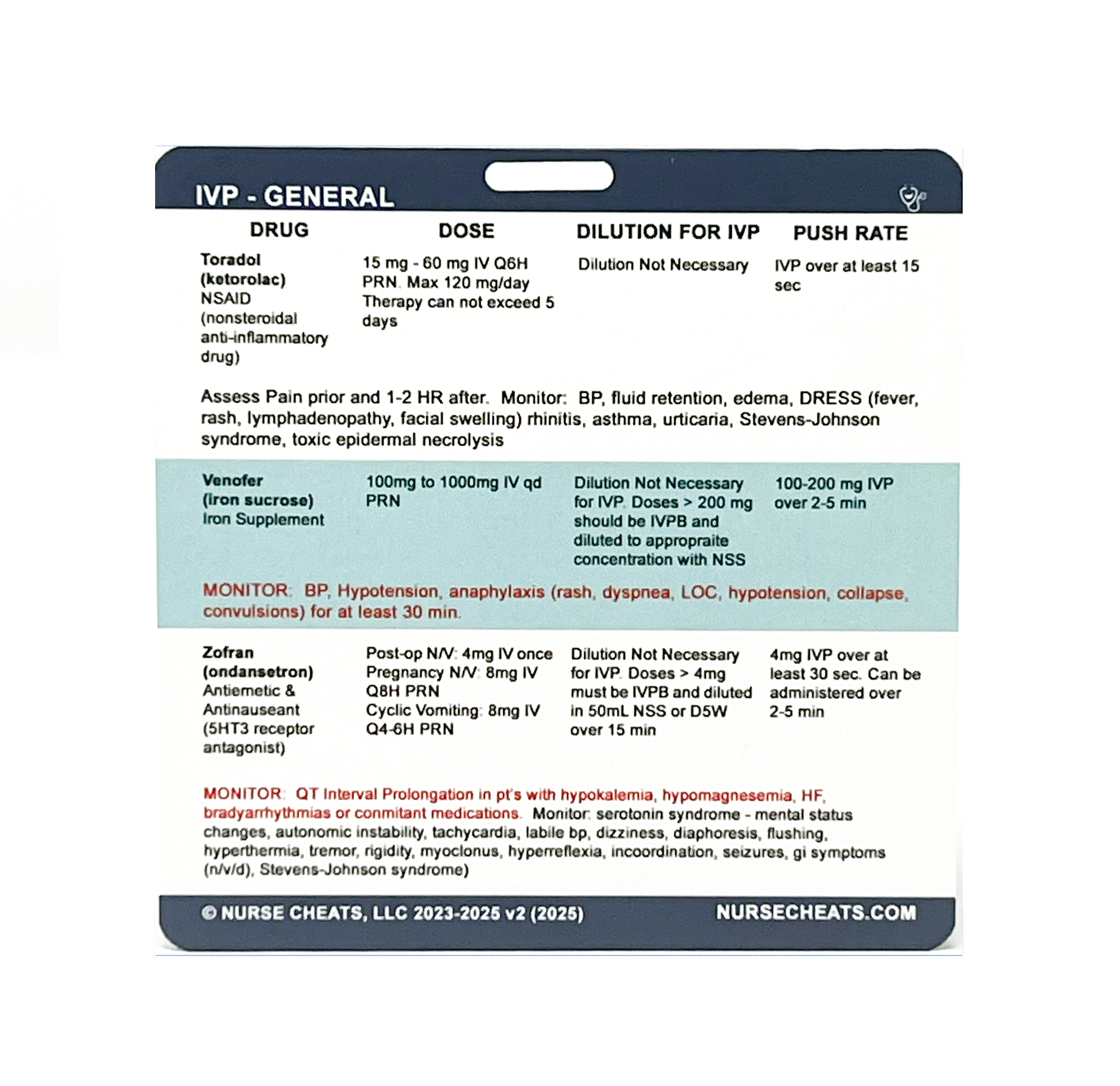 A close-up of a double-sided badge buddy card titled "Nurse Cheats IV Push" designed for nursing students. It likely contains condensed information about intravenous push medications for quick reference during clinicals.