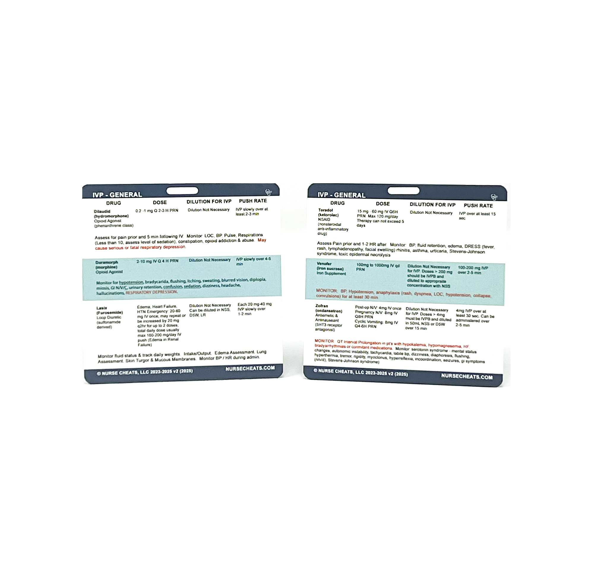A close-up of a double-sided badge buddy card titled "Nurse Cheats IV Push" designed for nursing students. It likely contains condensed information about intravenous push medications for quick reference during clinicals.