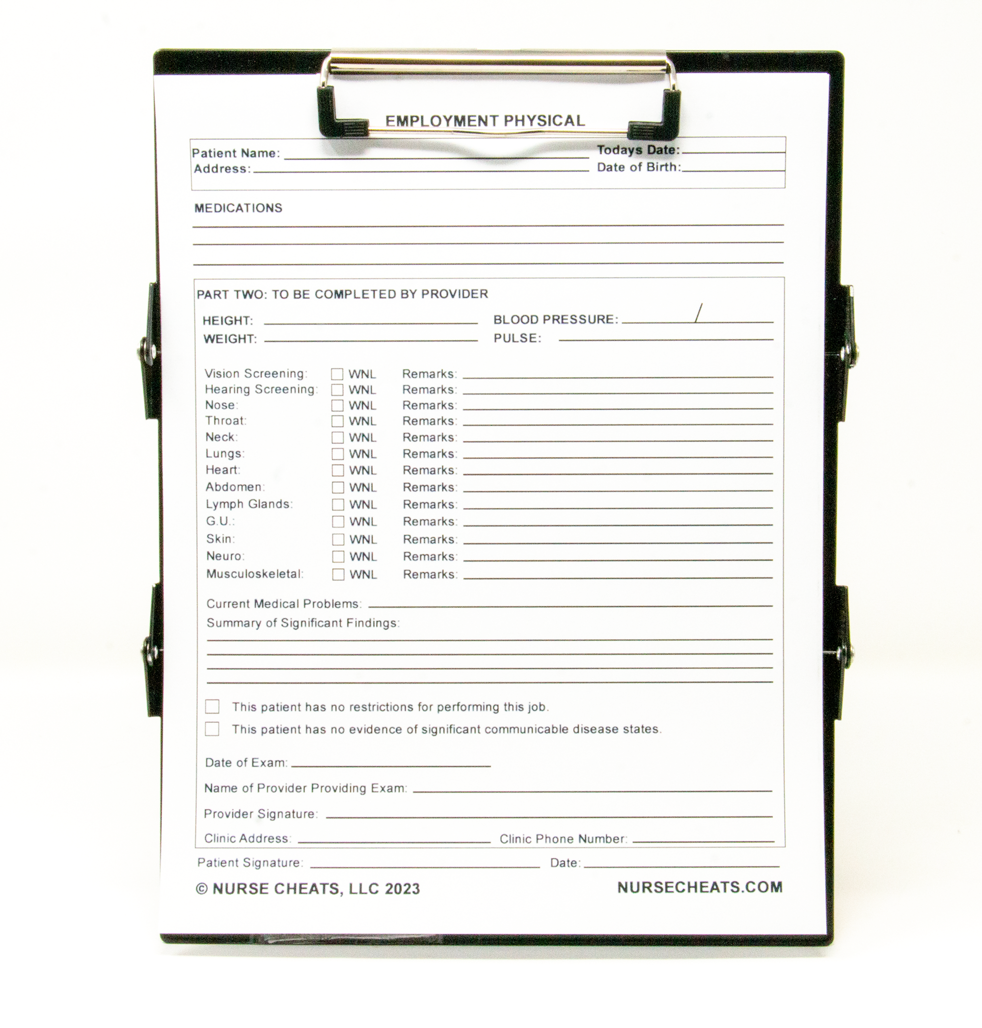 Our employment physical is perfect for nursing students and nurses. It contains all the needed criteria including immunizations, systems, medications, and more. Download and go.