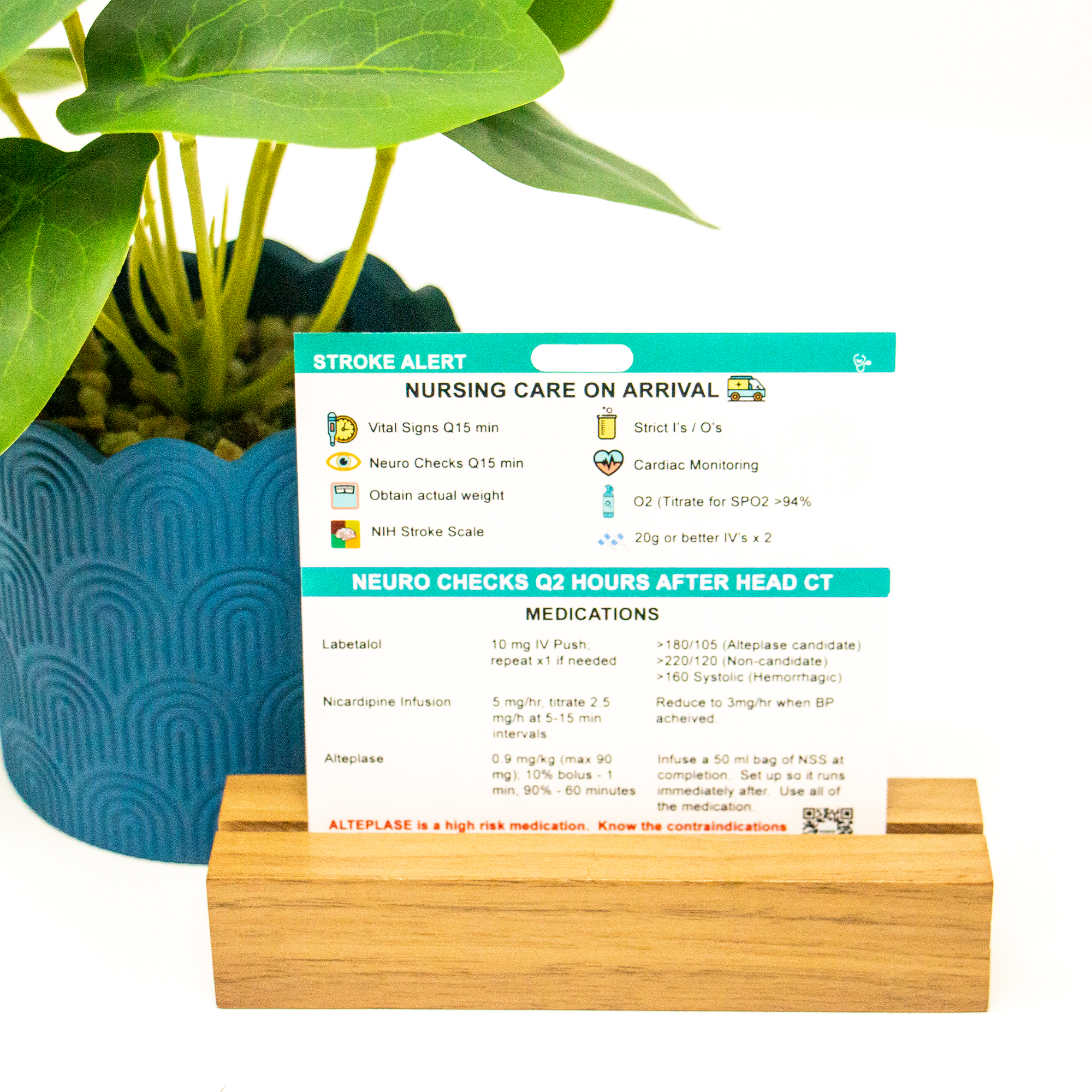 Side 1 of our stroke alert badge buddy contains Symptoms, Diagnostic Tests, Timing for Stroke Arrivals. Side 2 of our stroke alert badge buddy contains Nursing Care & Medications