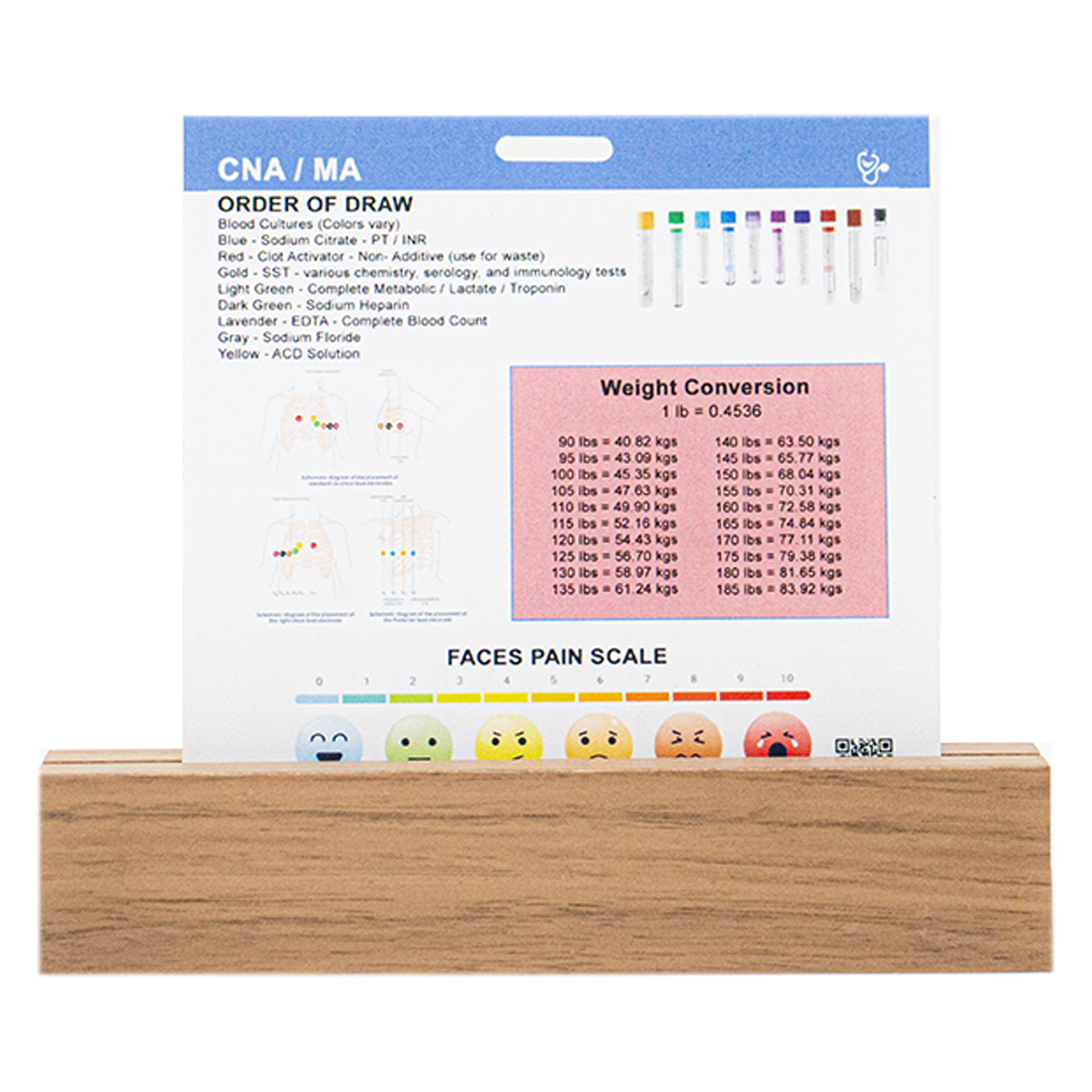 Side 2 of our CNA Badge Buddy contains Lab draws as well as weight conversion and a face pain scale.