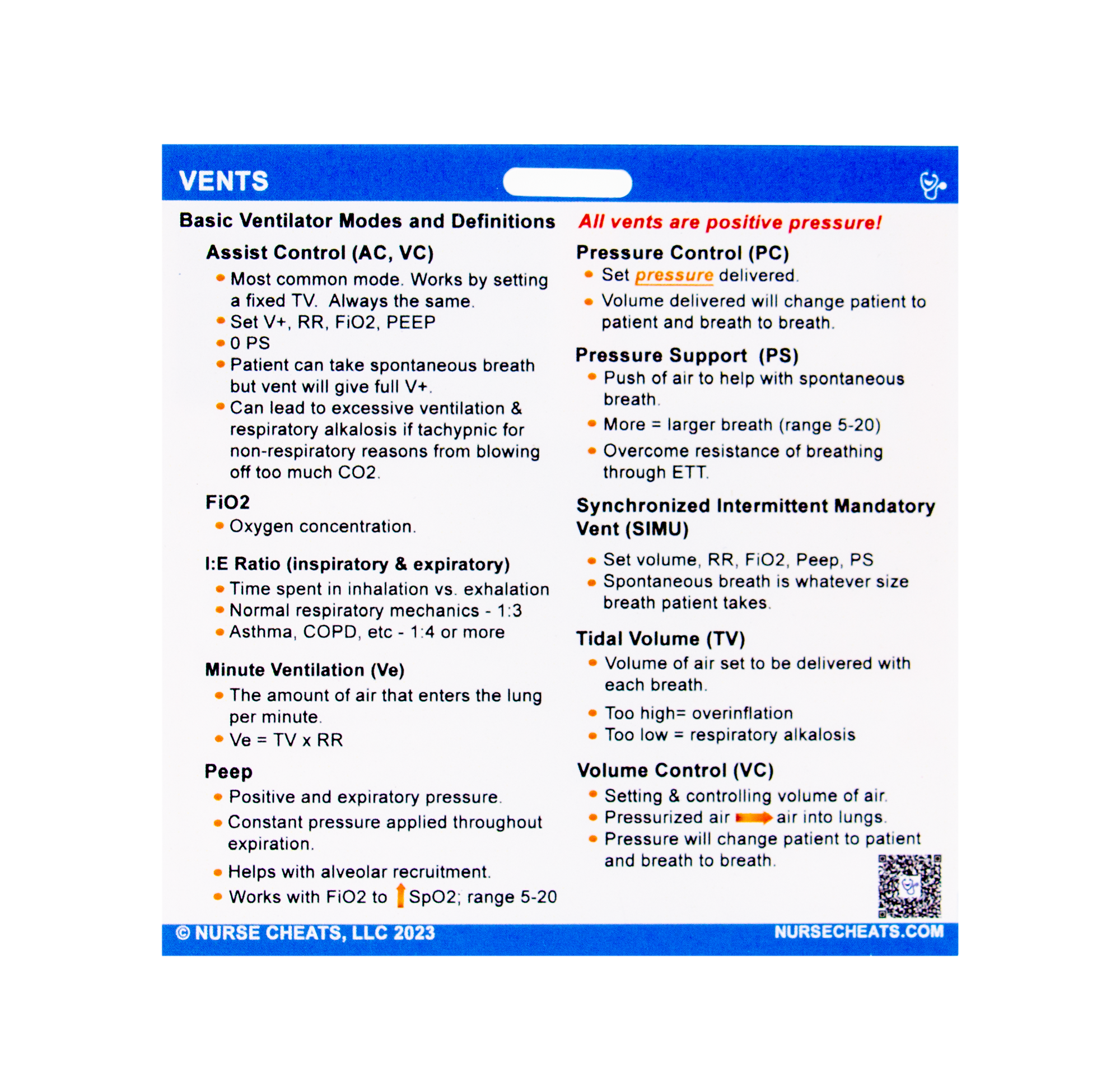 Our Vents badge for inpatient nurses is a critical badge to have if you work anywhere there are bi-paps and ventilation. It contains necessary information including alarms, monitoring tips and more.