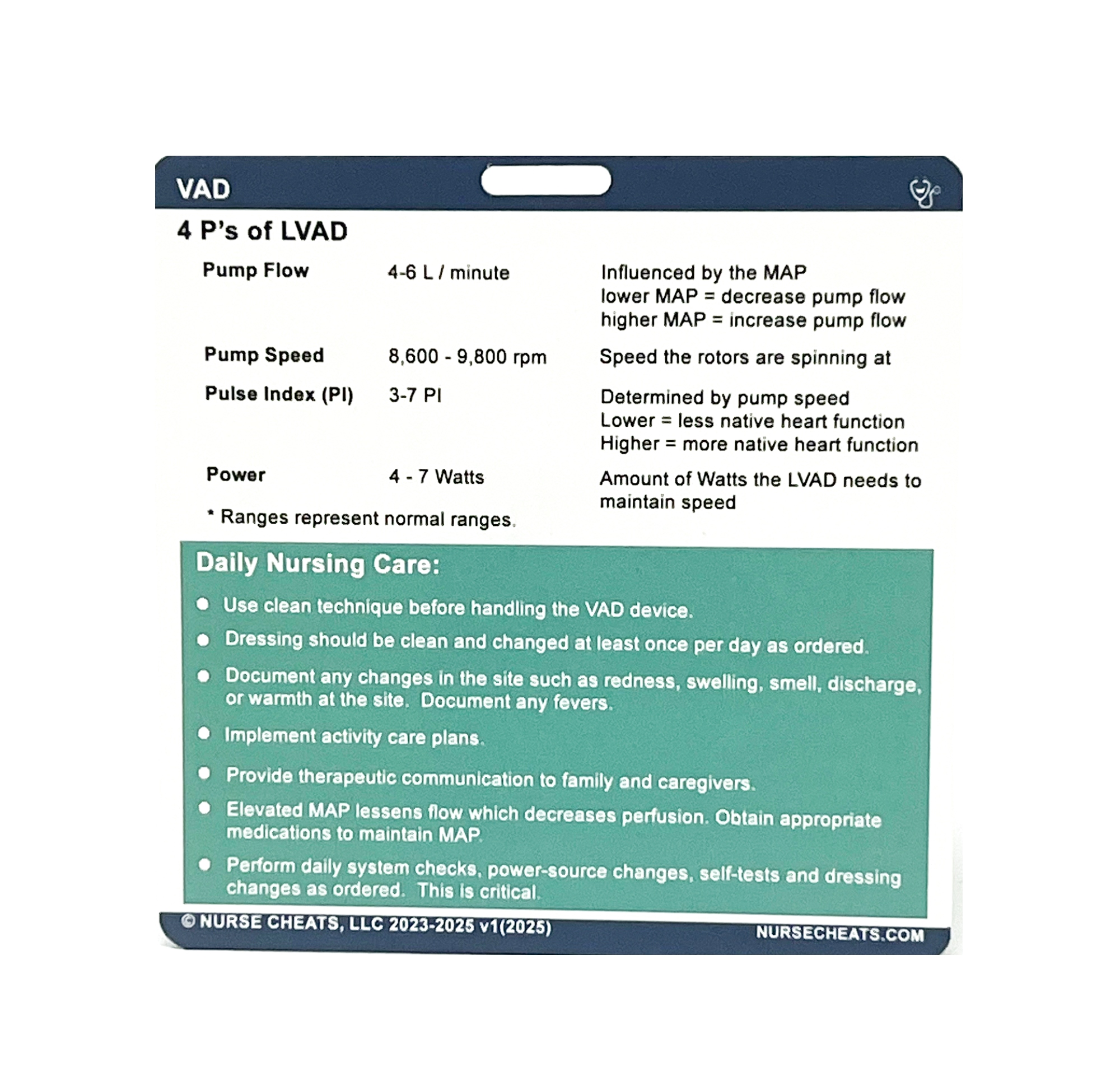 This image shows an LVAD badge buddy, a handy tool for nurses and other healthcare providers to quickly access essential information about Left Ventricular Assistive Devices at the point of care.
