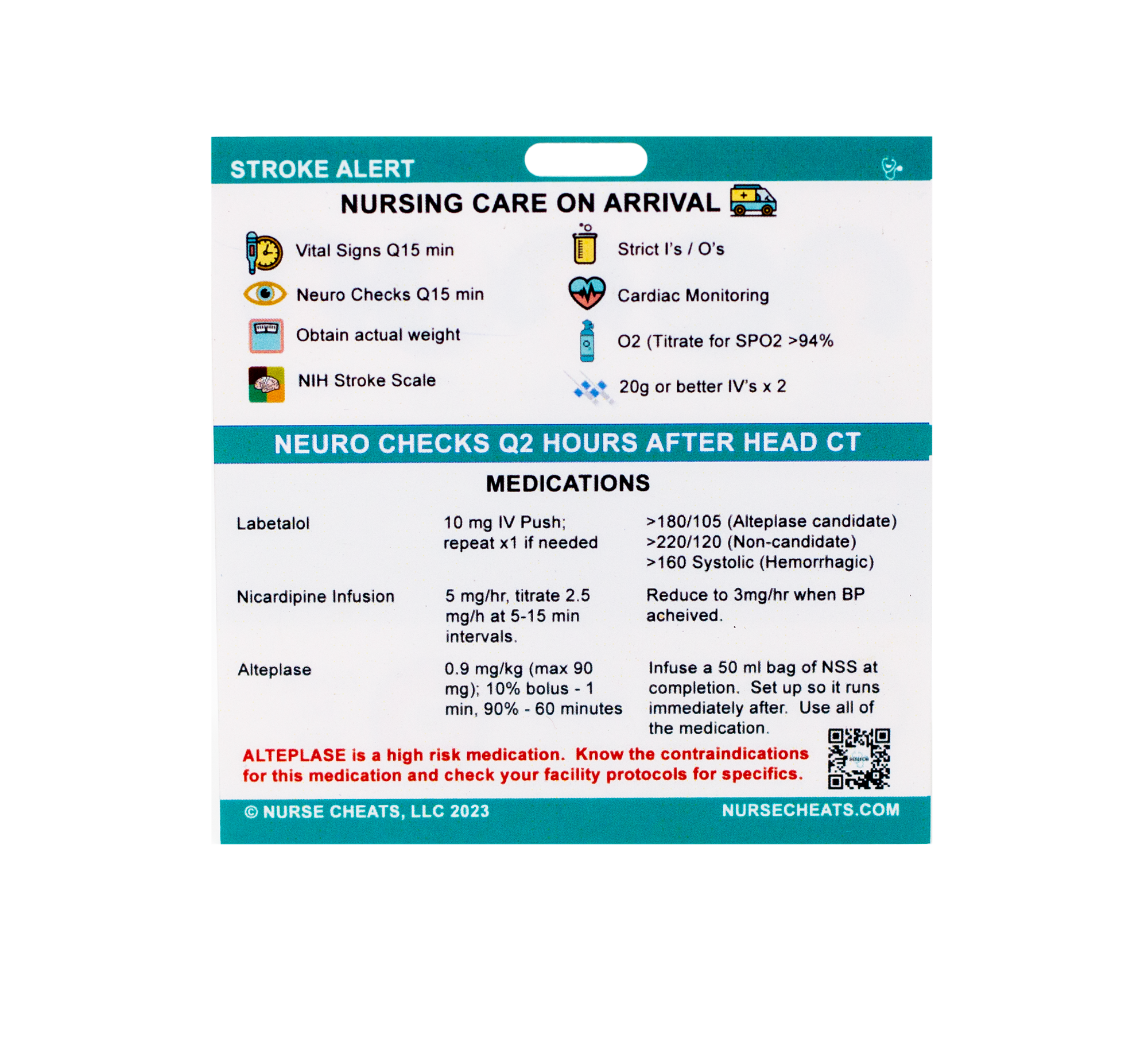 Side 2 of our stroke alert badge buddy contains Nursing Care & Medications
