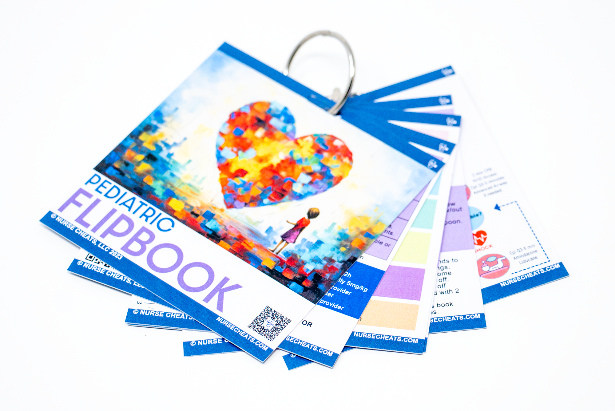 Our pediatric flip book is 6 badge buddies' worth of information pertaining to pediatric patients. It includes pediatric vital signs, flacc scale, immunizations, PALS, Milestones, common medications and more.