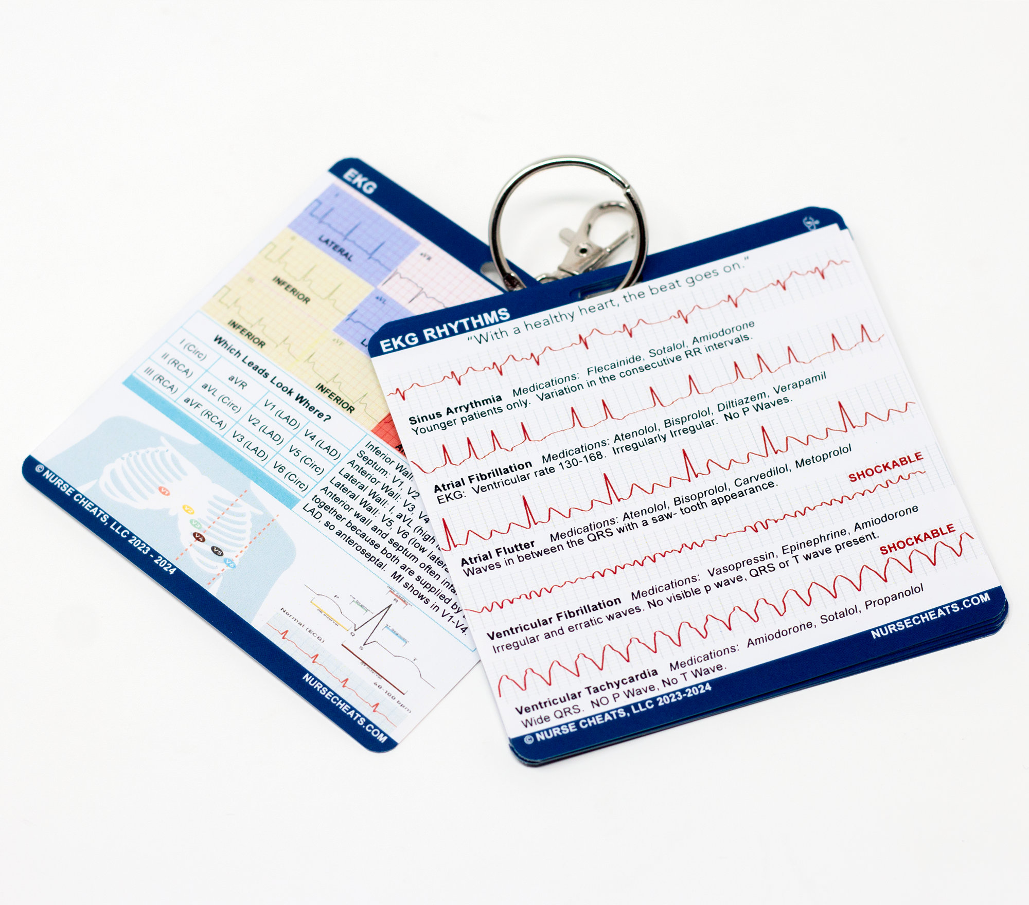 The standard edition of our cardiac badge book contains EKG tips, EKG Rhythms, Bradycardia, Tachycardia, MI, Levophed, and Cardiac Drips. (Our drips section has been confirmed by a board-certified Pharmacist). 