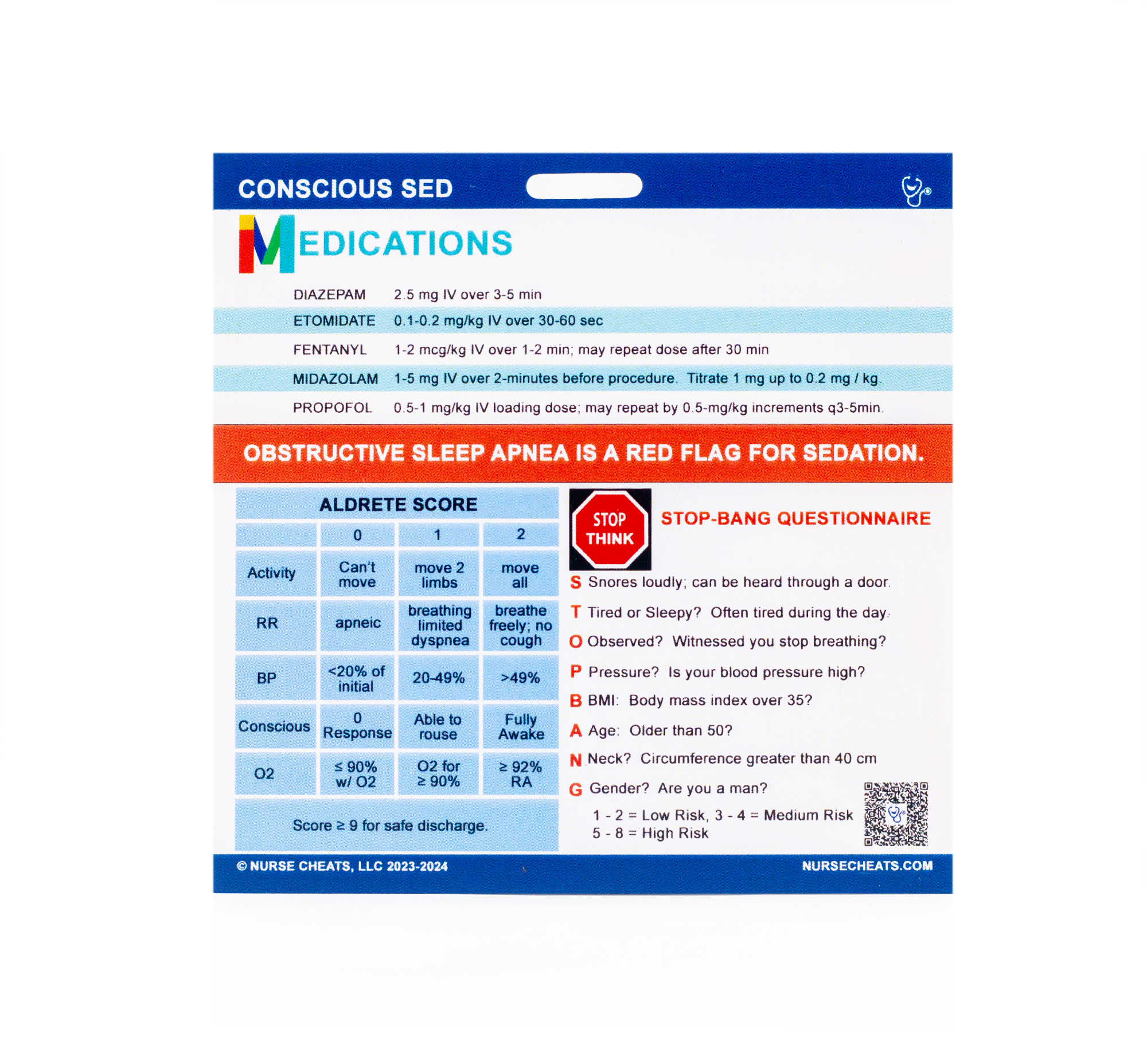 Side 2 of our Conscious Sedation badge buddy contains medications, Aldrete Score, and stop bang assessment.