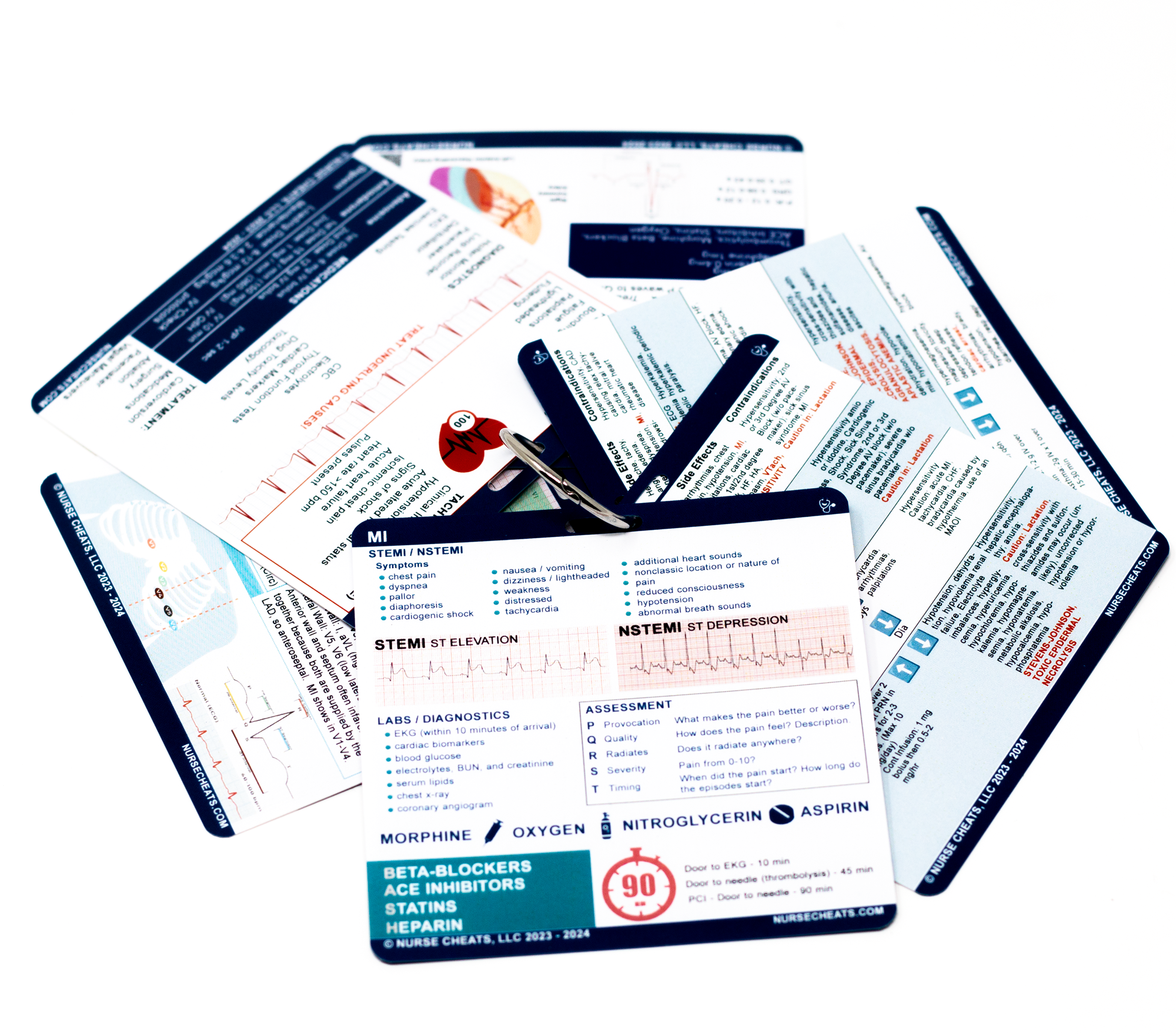 The standard edition of our cardiac badge book contains EKG tips, EKG Rhythms, Bradycardia, Tachycardia, MI, Levophed, and Cardiac Drips. (Our drips section has been confirmed by a board-certified Pharmacist).