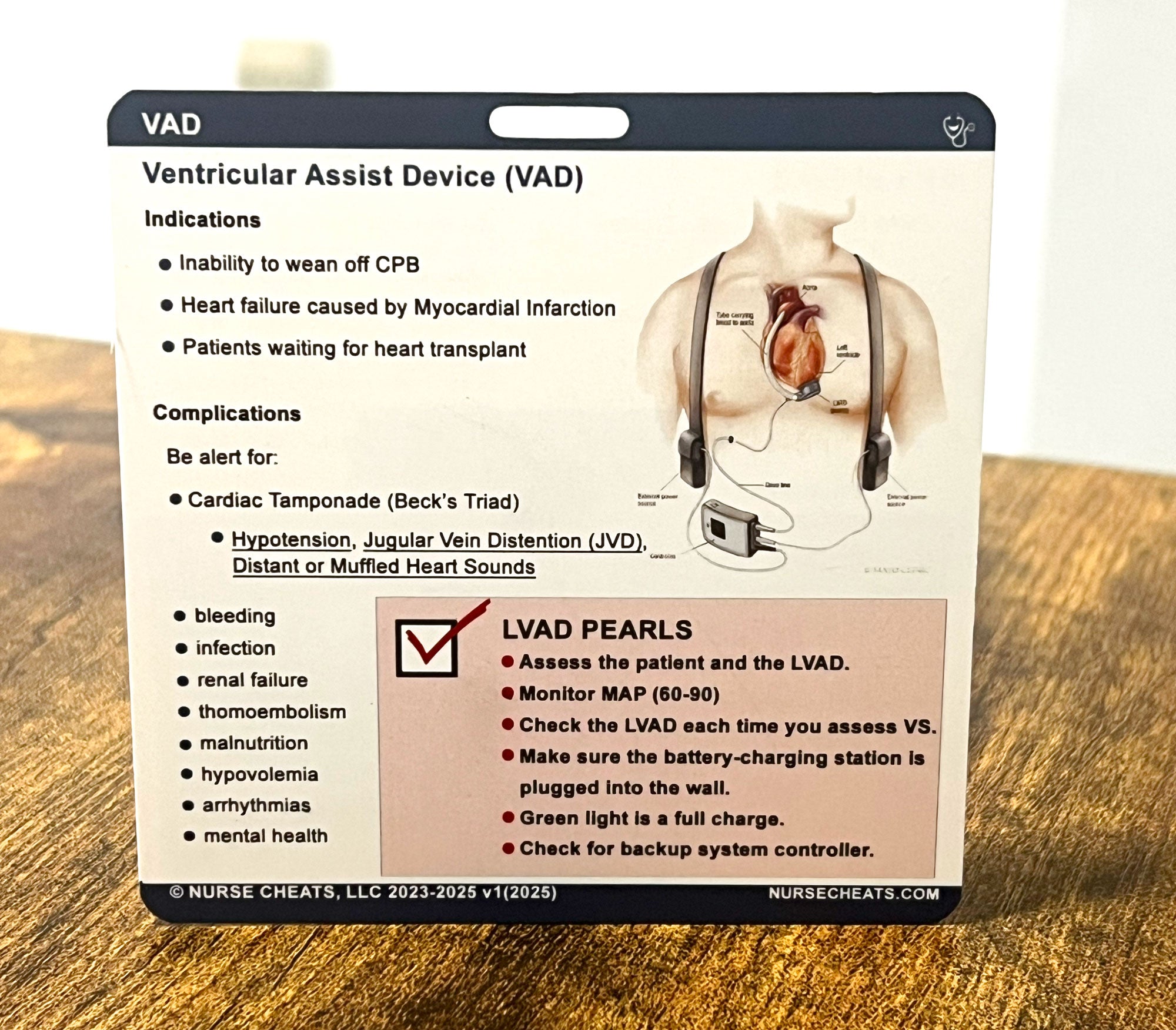 This badge contains necessary information for caring for a patient with an LVAD or Left Ventricular Assistive Device. This is highly specialized care and the requirements for this device are specific.