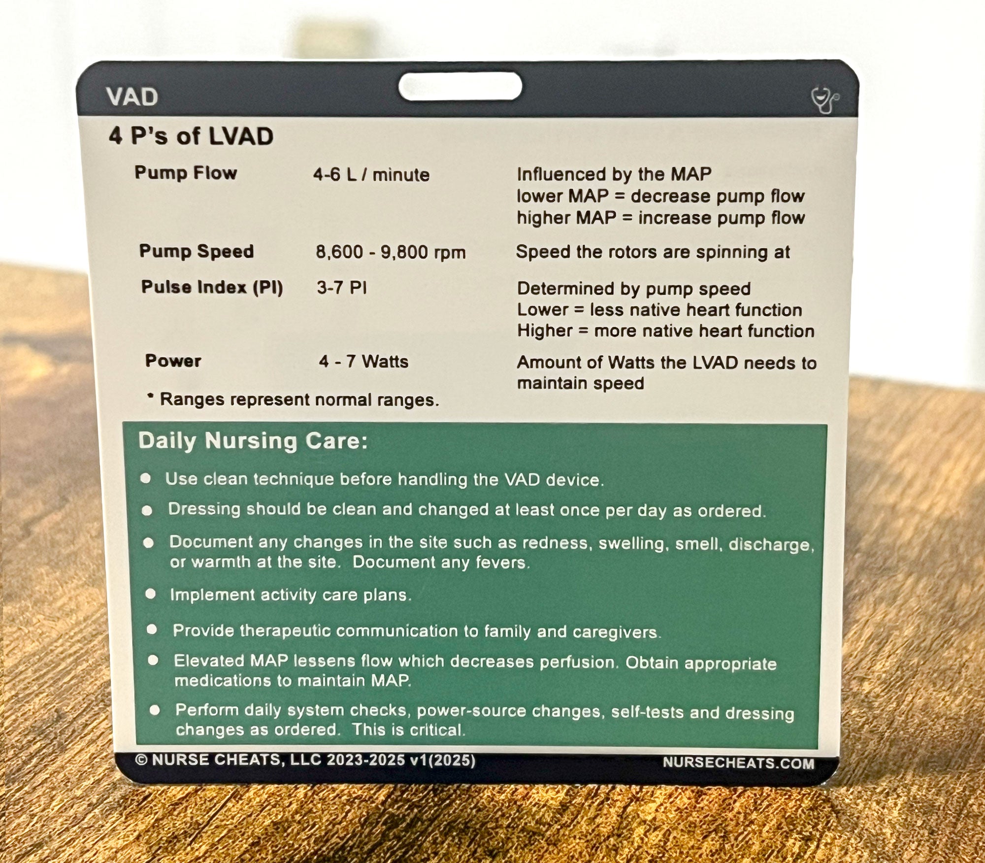 This badge contains necessary information for caring for a patient with an LVAD or Left Ventricular Assistive Device. This is highly specialized care and the requirements for this device are specific.