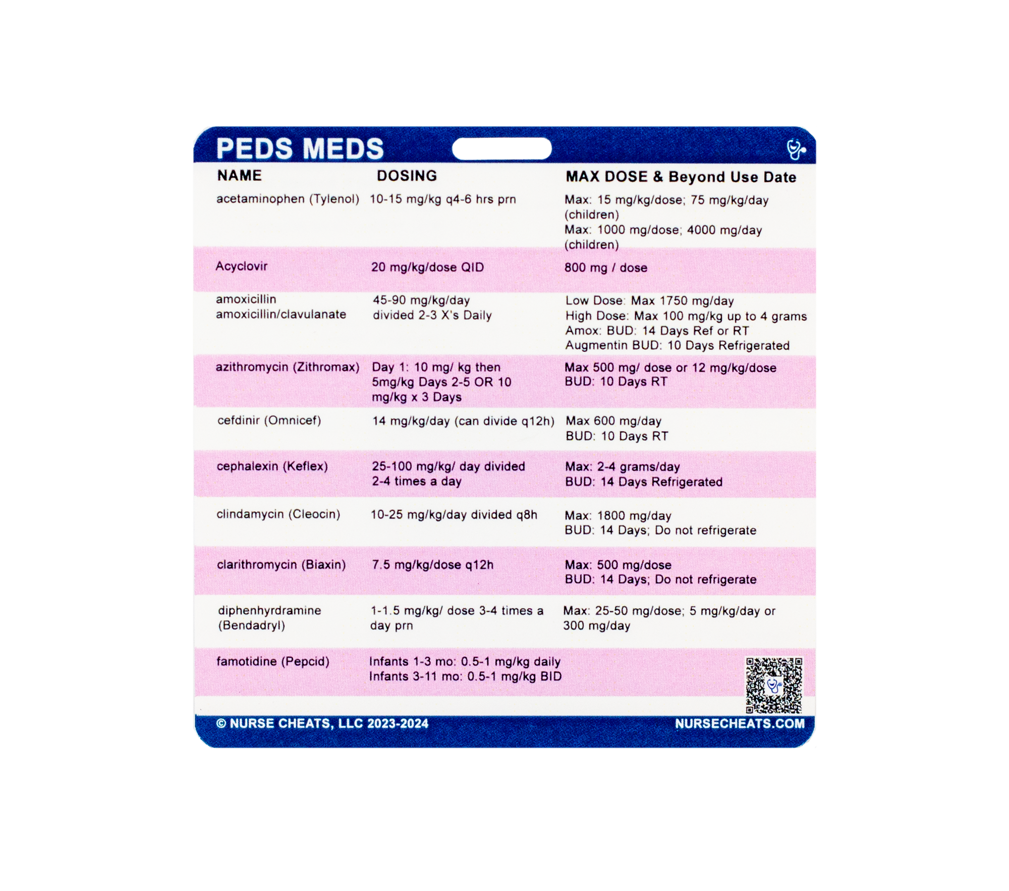 This reference is perfect for nurses working in pediatrics. It contains doses, max doses, and other information that is great to have on hand. This reference has been verified by a board-certified Pharmacist.