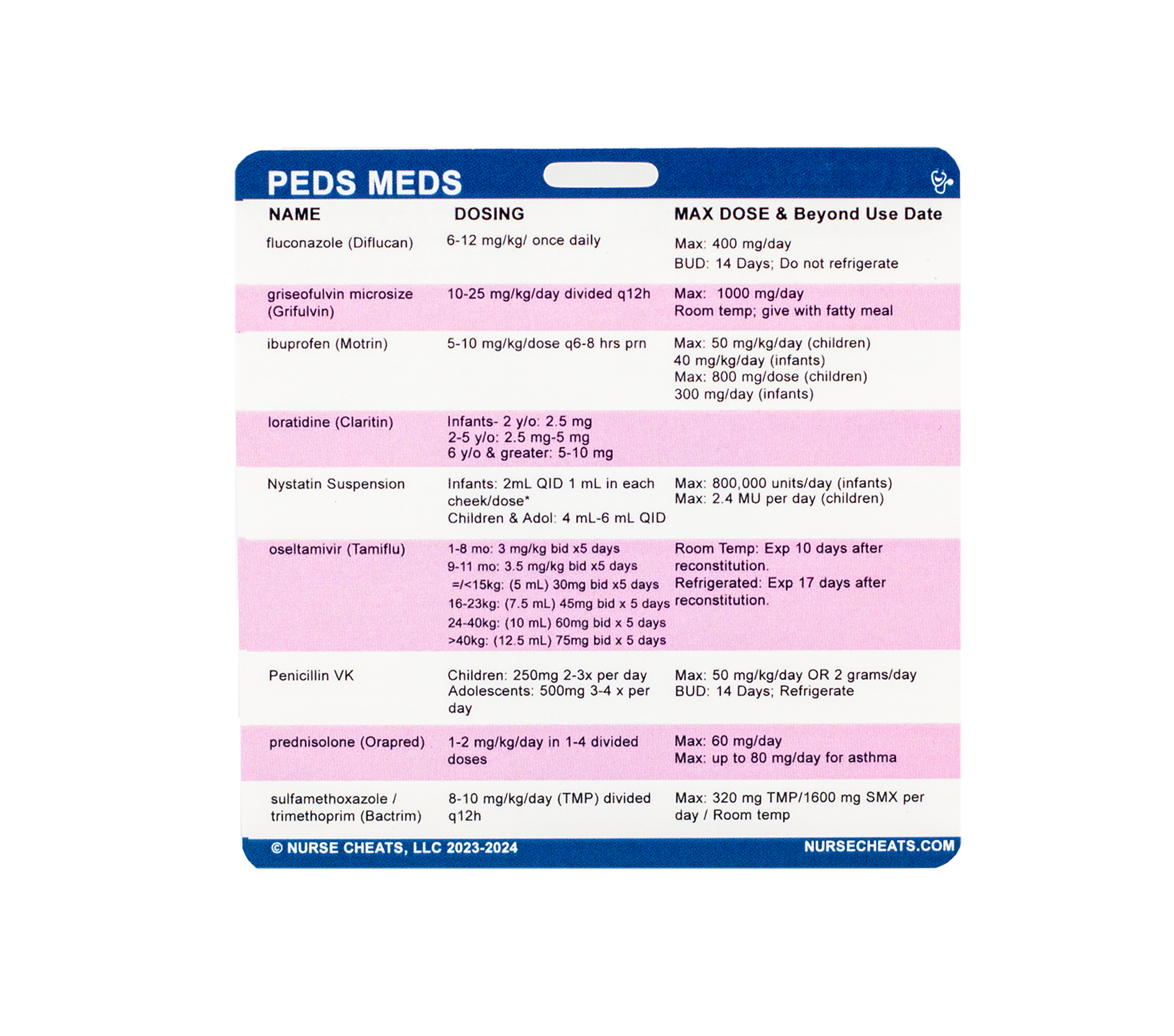 This reference is perfect for nurses working in pediatrics. It contains doses, max doses, and other information that is great to have on hand. This reference has been verified by a board-certified Pharmacist.