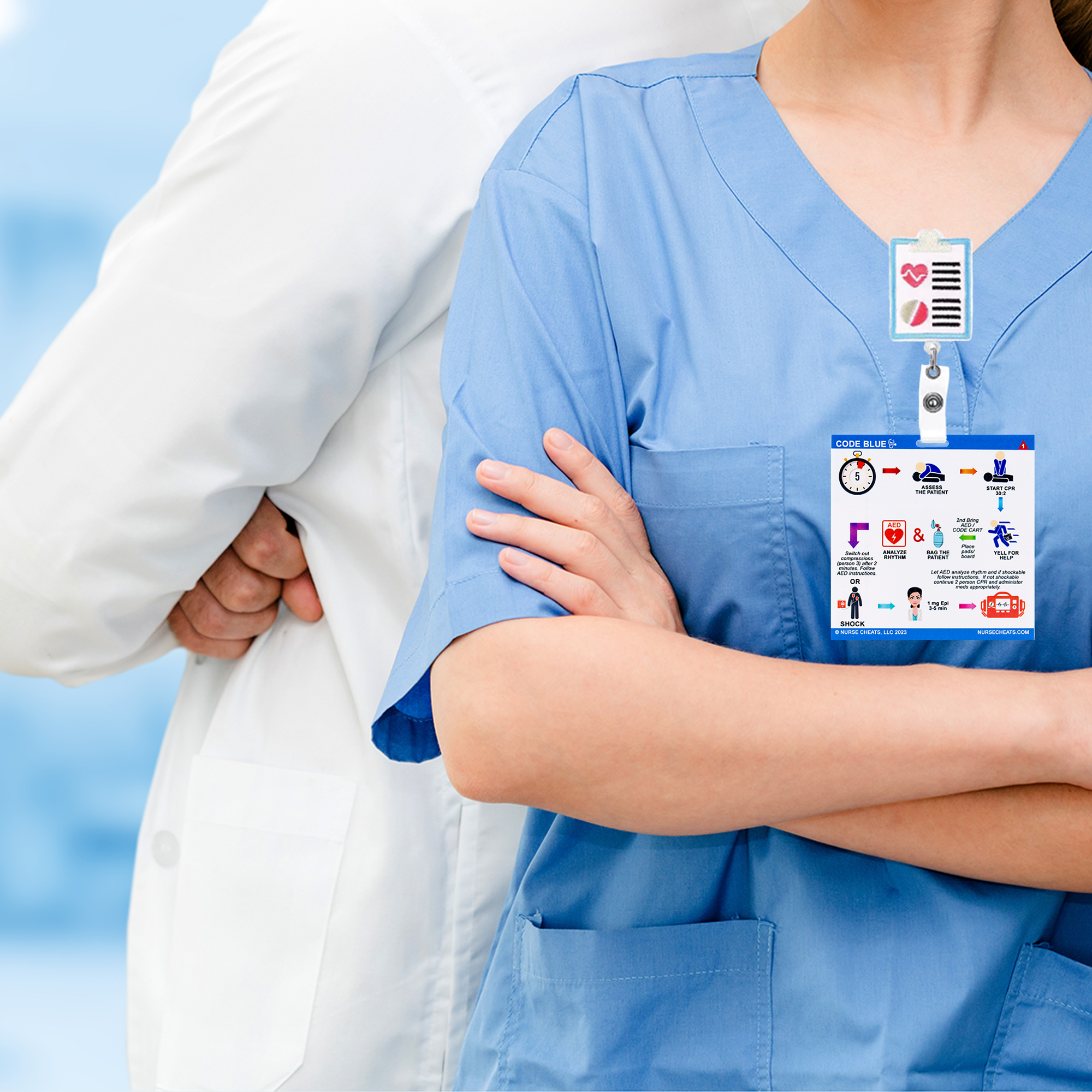 This badge buddy is a must-have for inpatient nurses. Code information is crucial to have on hand. It contains everything you need to know. Side 1 of our Code Blue badge contains what to do in the first minutes. Side 2 of our Code Blue badge contains medications and push rates, aed information as well as where to stand and what to do.