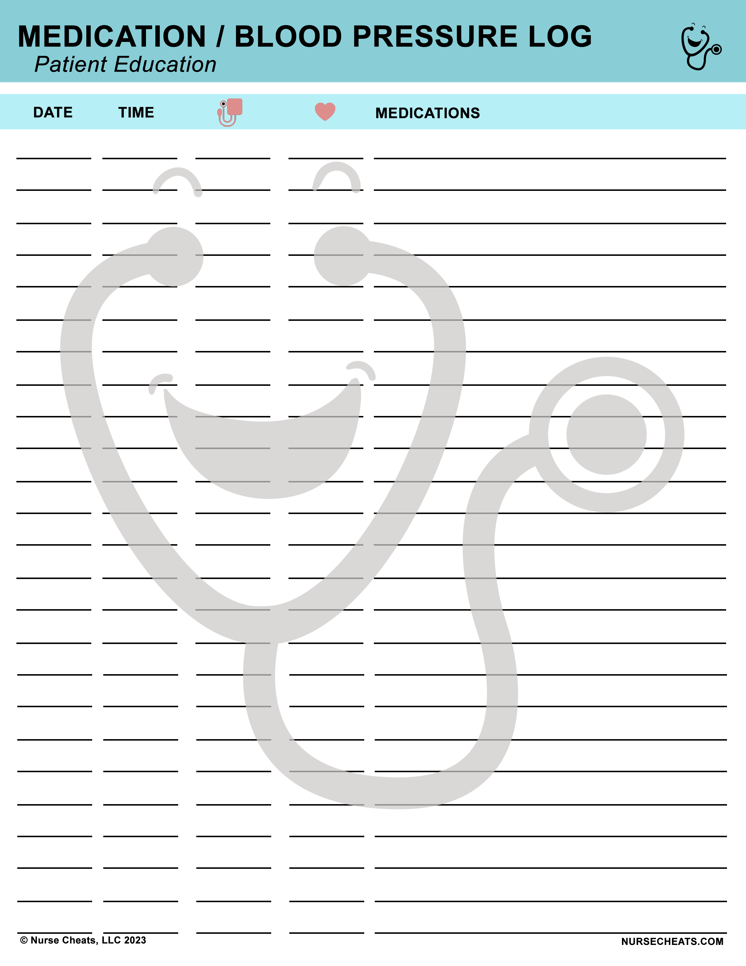 Our hypertension log includes areas for date, time, blood pressure, heart rate and medications.