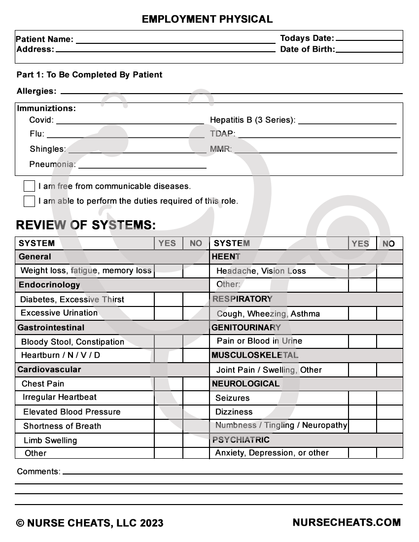 Blank employment physical for nurses. pre-employment physical. physical form for nurses.