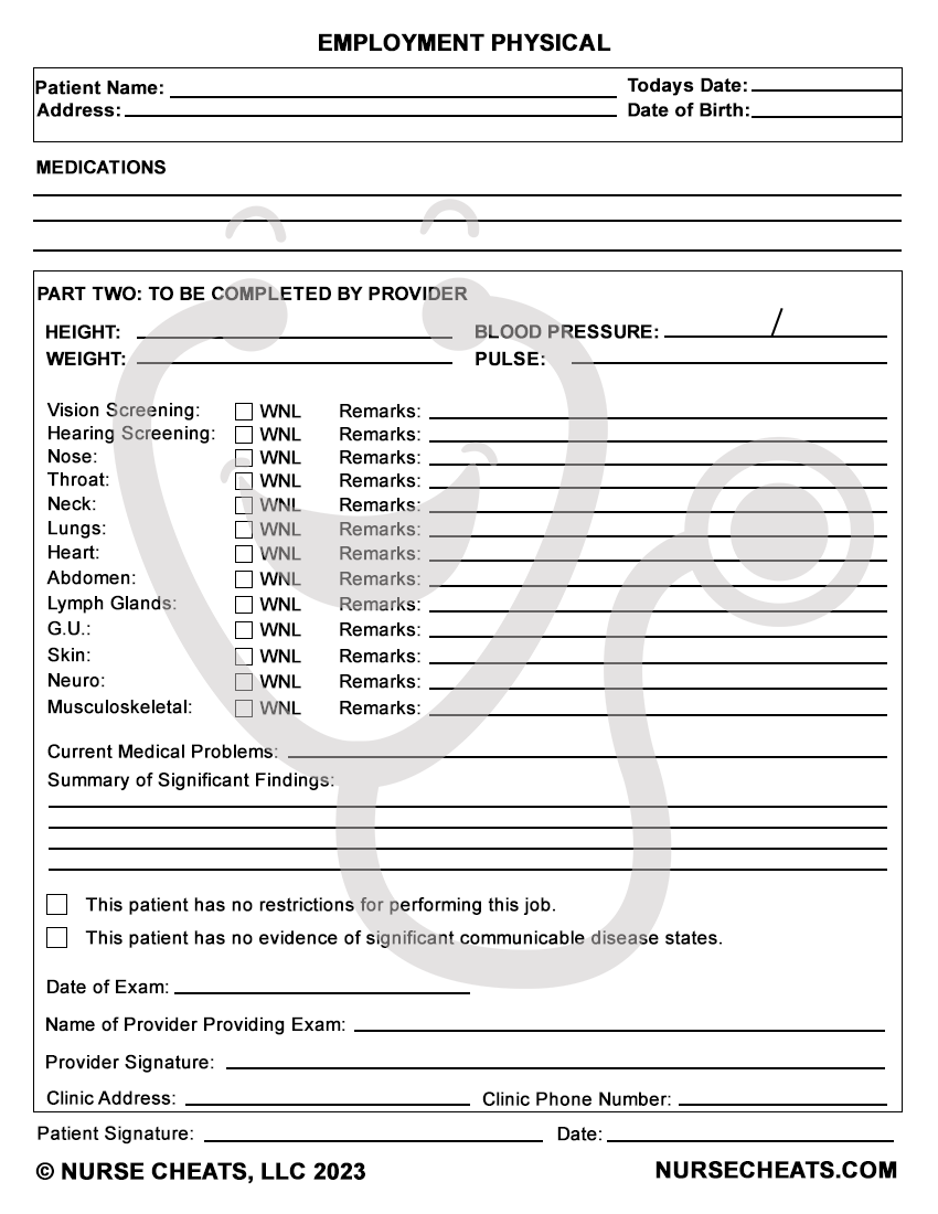 Blank employment physical for nurses. pre-employment physical. physical form for nurses.