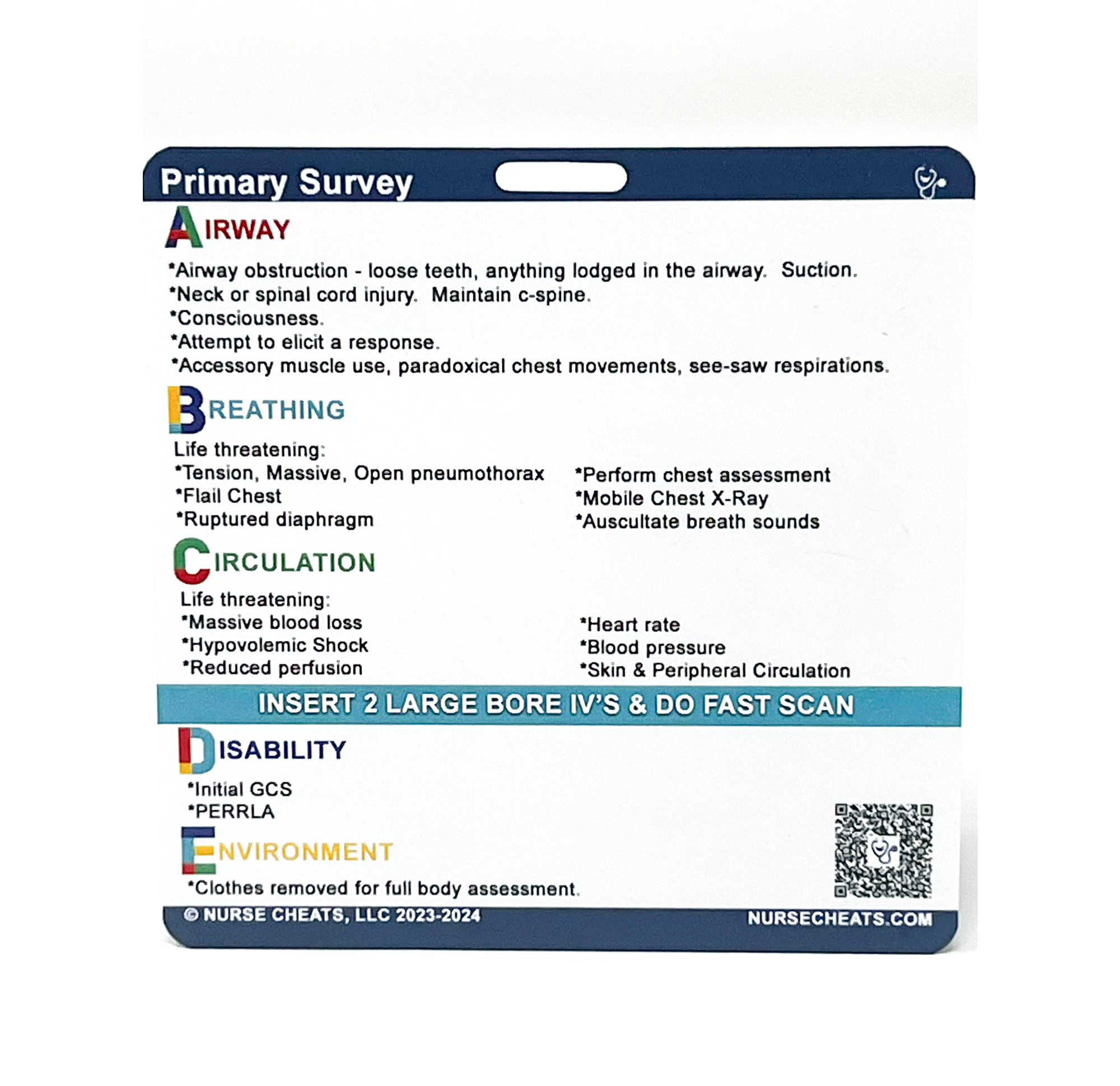 This image shows a NurseCheats.com Primary Secondary Survey Badge, a helpful tool for nurses, paramedics, and EMTs to quickly reference the essential steps for a comprehensive trauma patient evaluation.