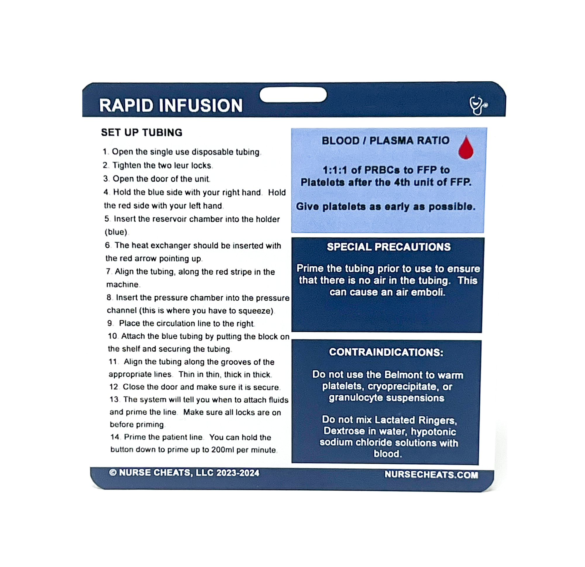 This image showcases a NurseCheats.com Belmont Rapid Infusion Badge Buddy, a handy tool for nurses and clinicians to quickly access essential information for operating the Belmont rapid infuser efficiently and safely.