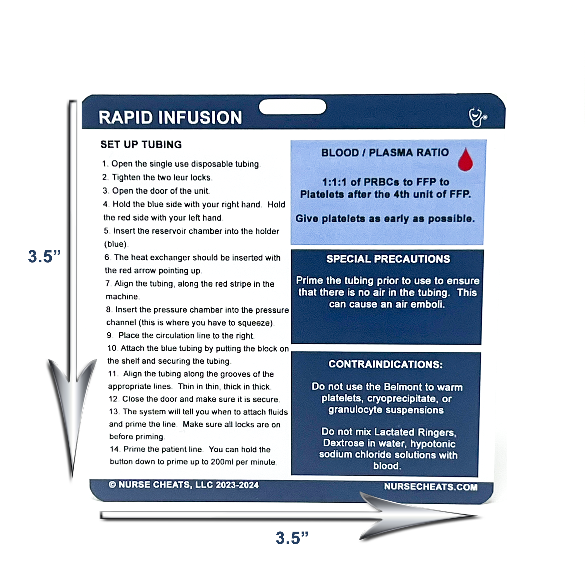 Image of a NurseCheats.com Rapid Infusion Badge Buddy designed for the Belmont rapid infuser, shown to be approximately 3.5" x 3.5" in size, highlighting its convenient and portable design for quick reference.