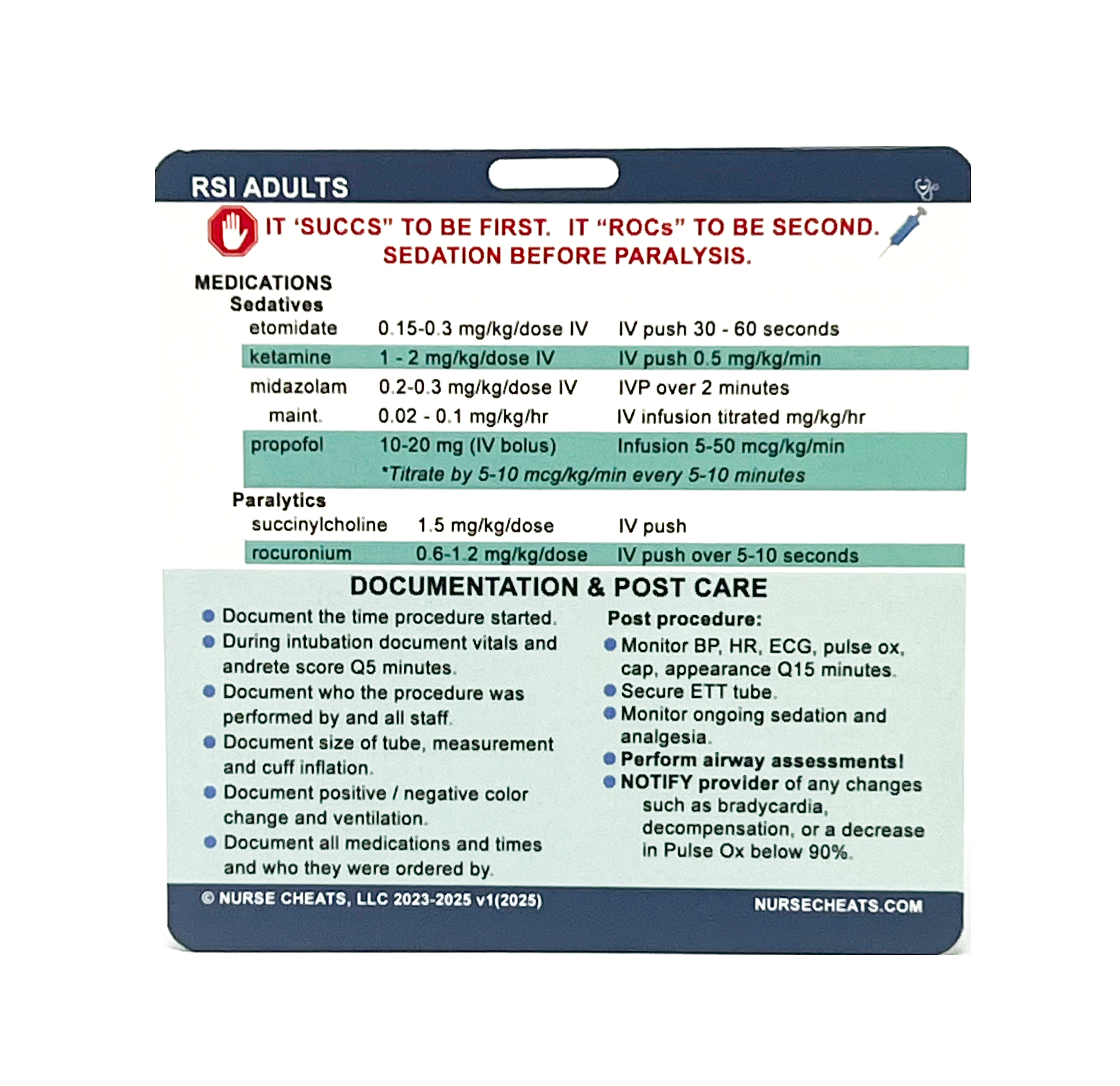 This image shows a NurseCheats.com RSI Badge Buddy, a practical reference tool designed to give nurses, paramedics, and other clinicians quick access to critical RSI protocols and medication details during emergency airway management.