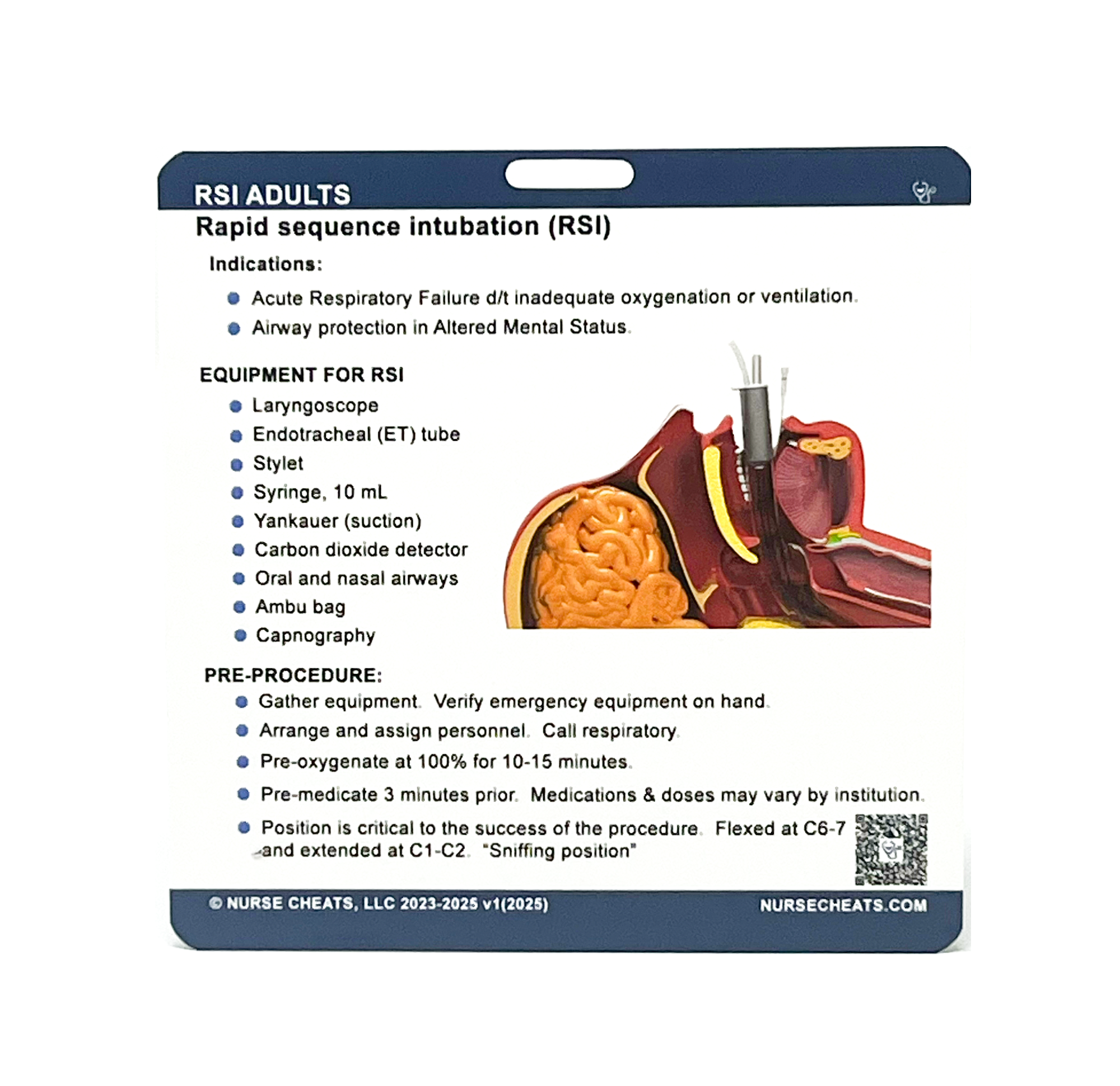 This image shows a NurseCheats.com RSI Badge Buddy, a practical reference tool designed to give nurses, paramedics, and other clinicians quick access to critical RSI protocols and medication details during emergency airway management.
