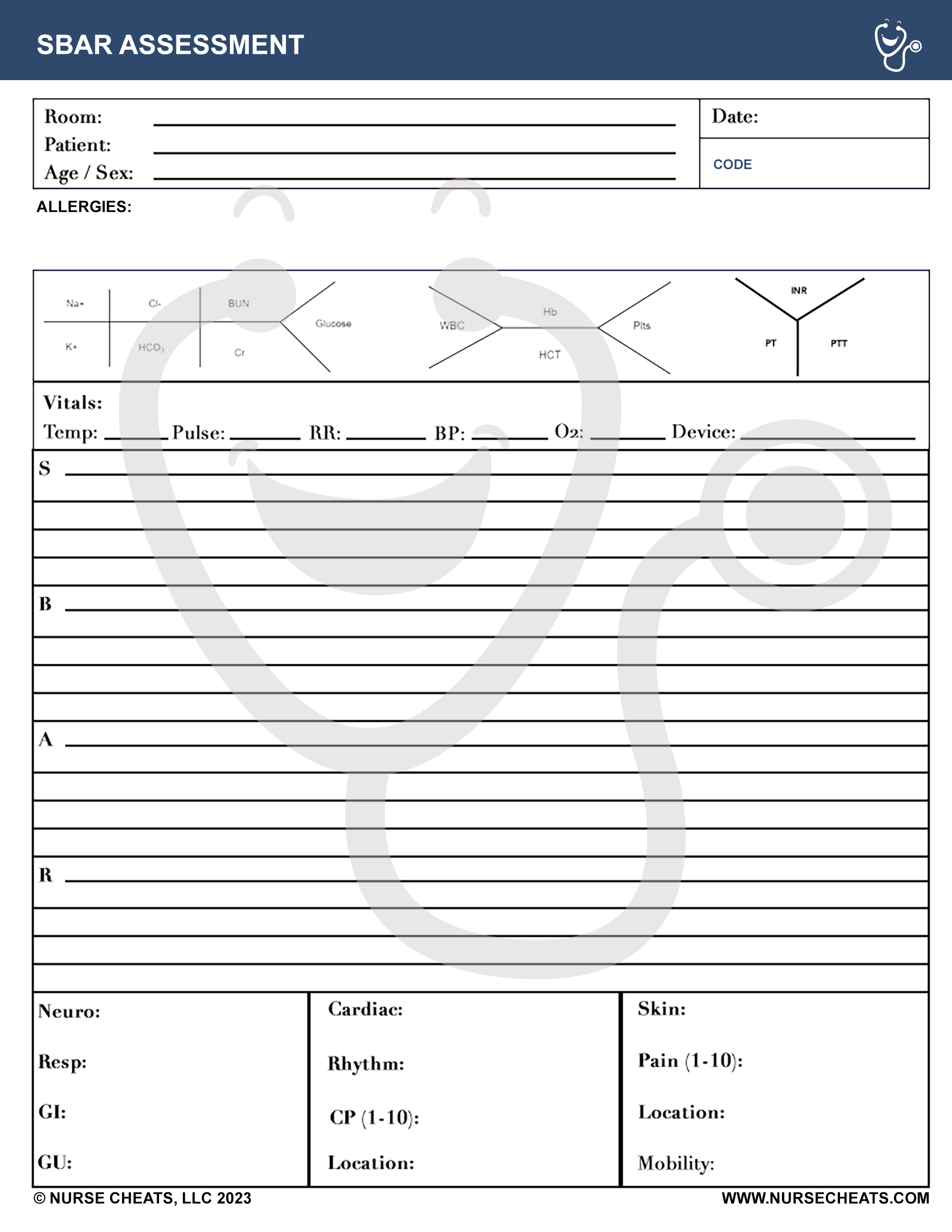 SBAR Assessment Sheet for Nurses and Nursing School. SBAR is the standard for communication in Nursing. This form is a short form that will help you communicate in a standard and concise way.