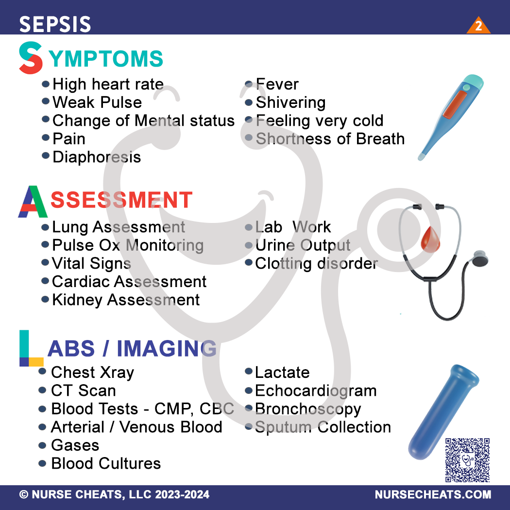 This image shows a NurseCheats.com Sepsis Badge Buddy, a practical tool designed to give nurses and other healthcare providers quick access to crucial sepsis information at the point of care, aiding in early identification and timely intervention.