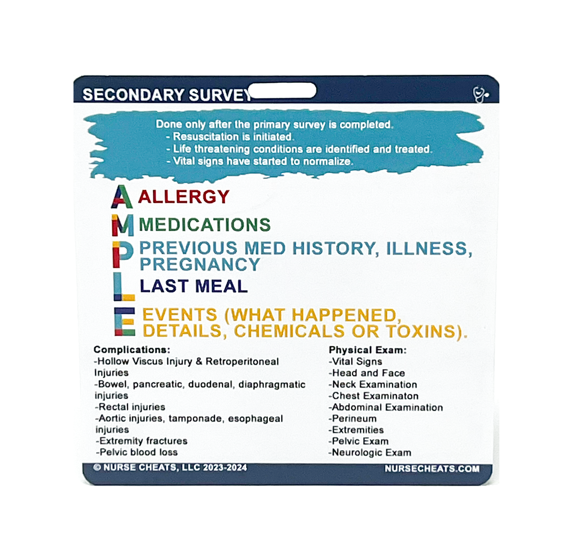 This image shows a NurseCheats.com Primary Secondary Survey Badge, a helpful tool for nurses, paramedics, and EMTs to quickly reference the essential steps for a comprehensive trauma patient evaluation.