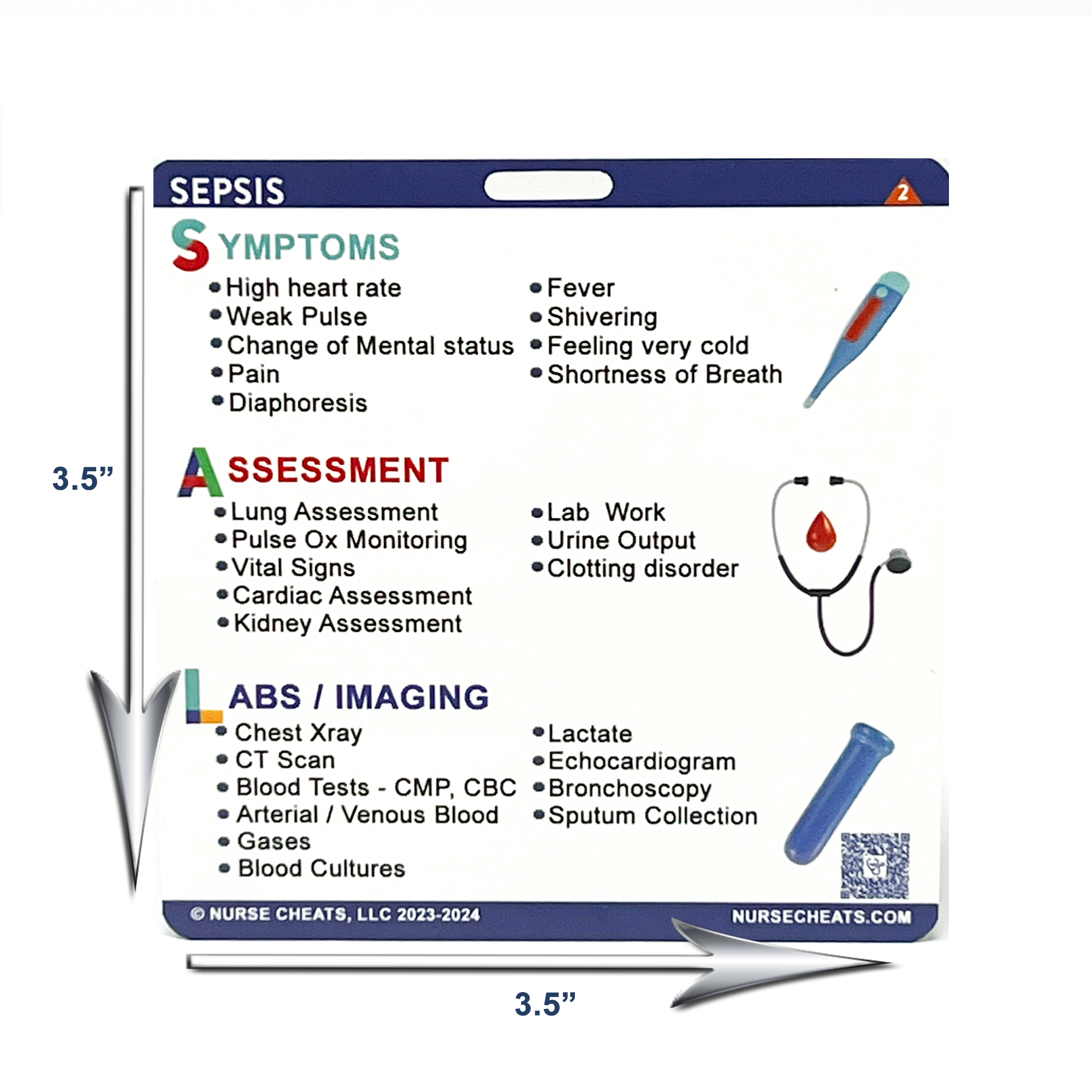 The NurseCheats.com Sepsis Badge Buddy, measuring 3.5 inches by 3.5 inches, designed to provide quick sepsis reference in a compact, badge-attachable format.